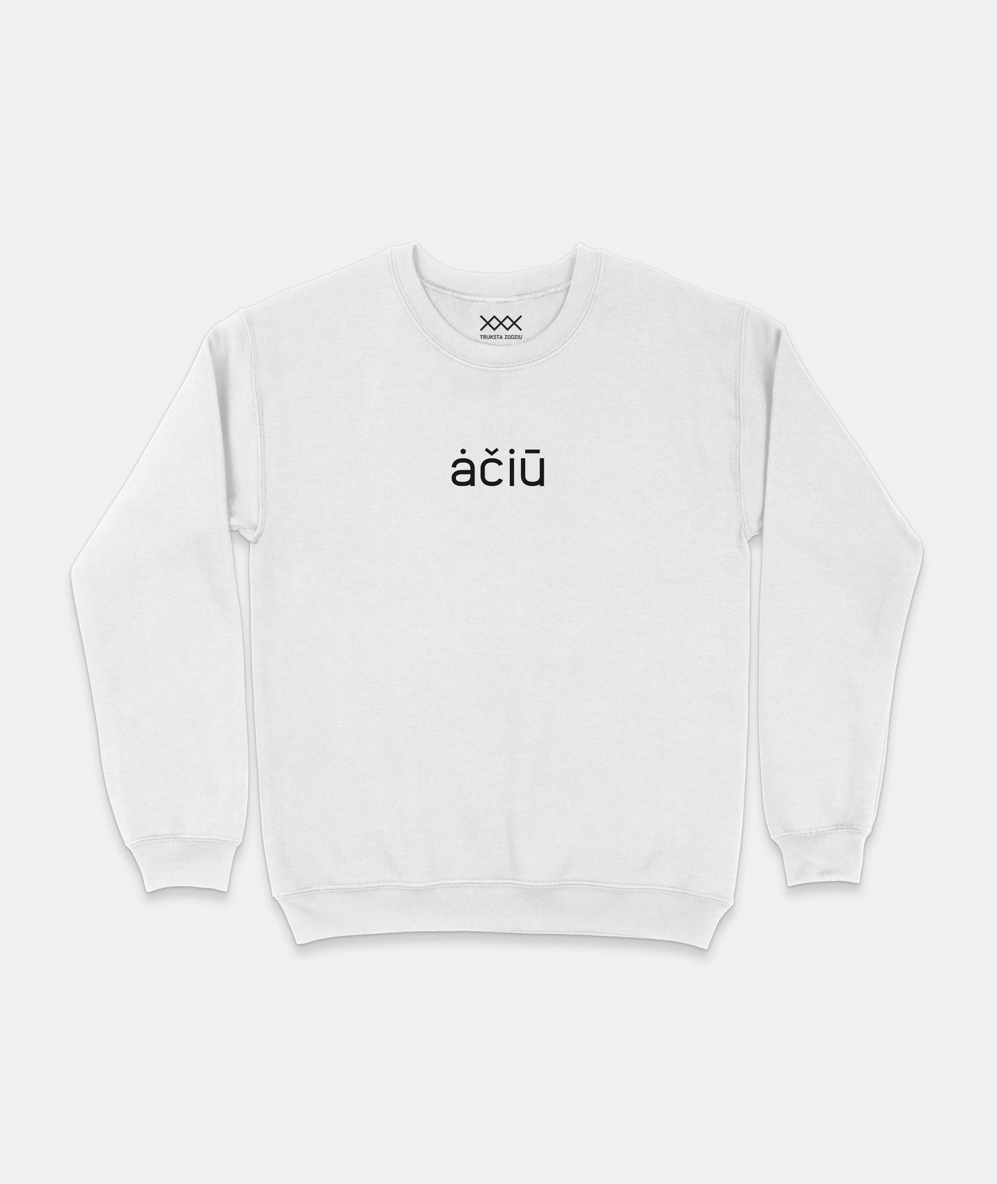 Baltas lietuviškas džemperis su fraze „ačiū“ – paprastas, bet subtilus tautinės aprangos pasirinkimas kasdienai.