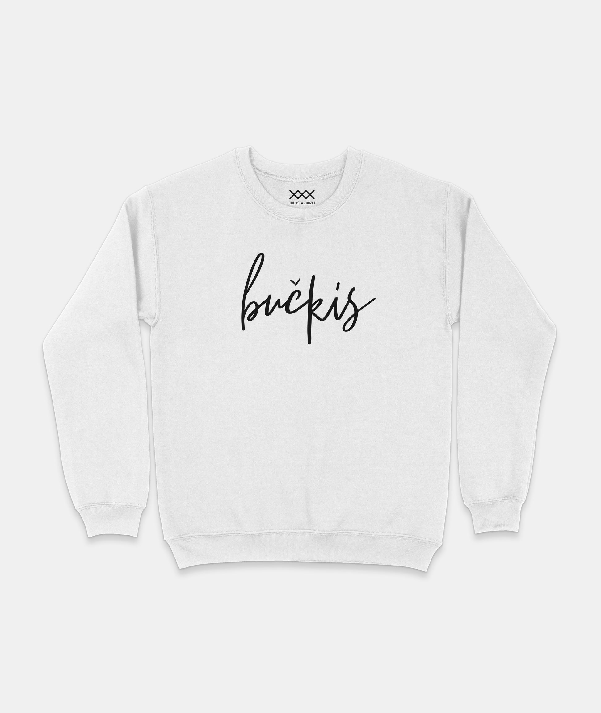 Baltas džemperis su juodu kaligrafiniu užrašu „bučkis“ – šiltas ir jaukus lietuviškos aprangos pasirinkimas kasdienai.