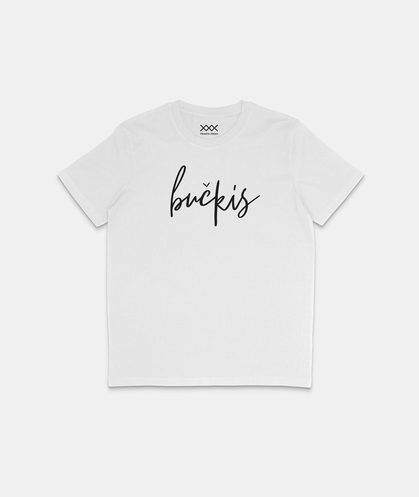 Stilingos Lietuviškos tautinės aprangos kolekcijos balti marškinėliai su juodu minimalistiniu ranka užrašytu užrašu „bučkis“.