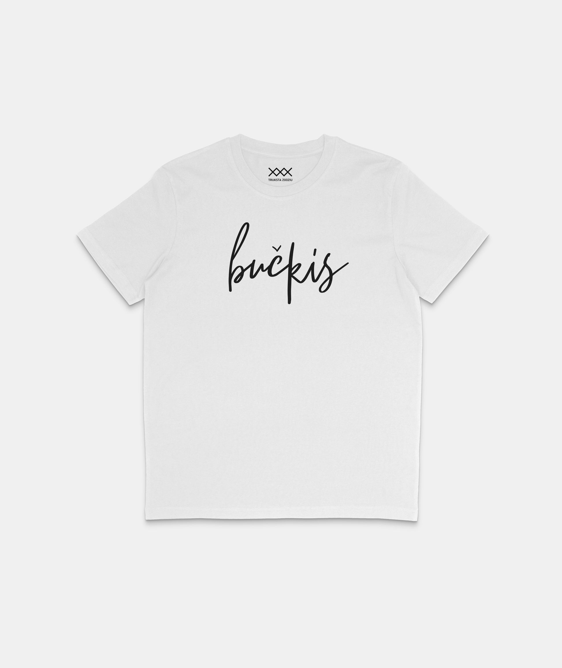 Stilingos Lietuviškos tautinės aprangos kolekcijos balti marškinėliai su juodu minimalistiniu ranka užrašytu užrašu „bučkis“.