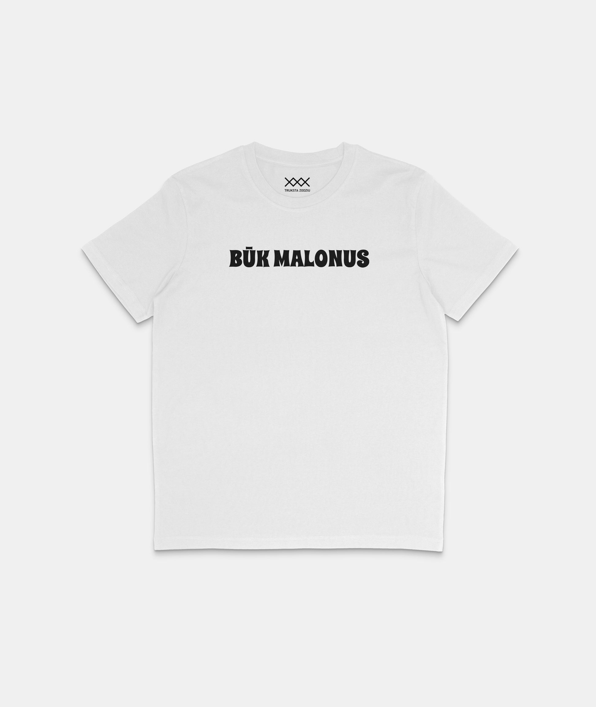 Balti lietuviški marškinėliai su užrašu „BŪK MALONUS“, įkvėpti mandagumo ir pozityvumo žinutės lietuviškame kontekste.