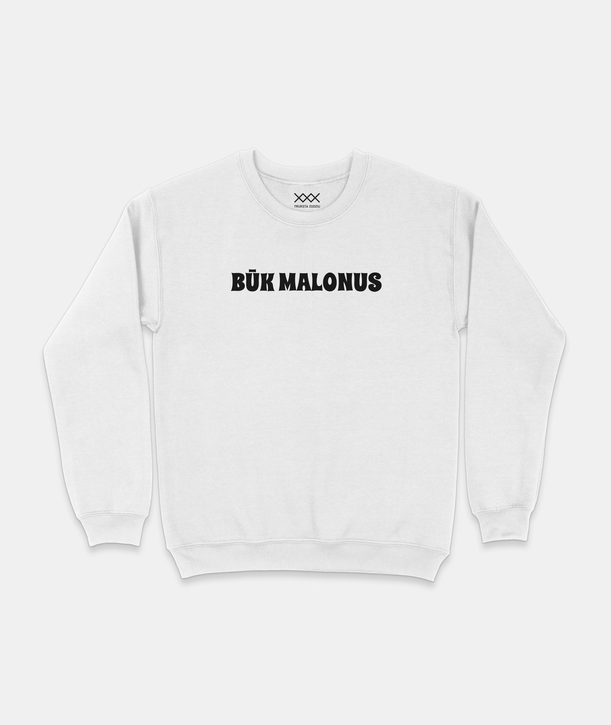 Baltas džemperis su lietuvišku užrašu „BŪK MALONUS“ – šiltas ir prasmingas pasirinkimas rudeniui.