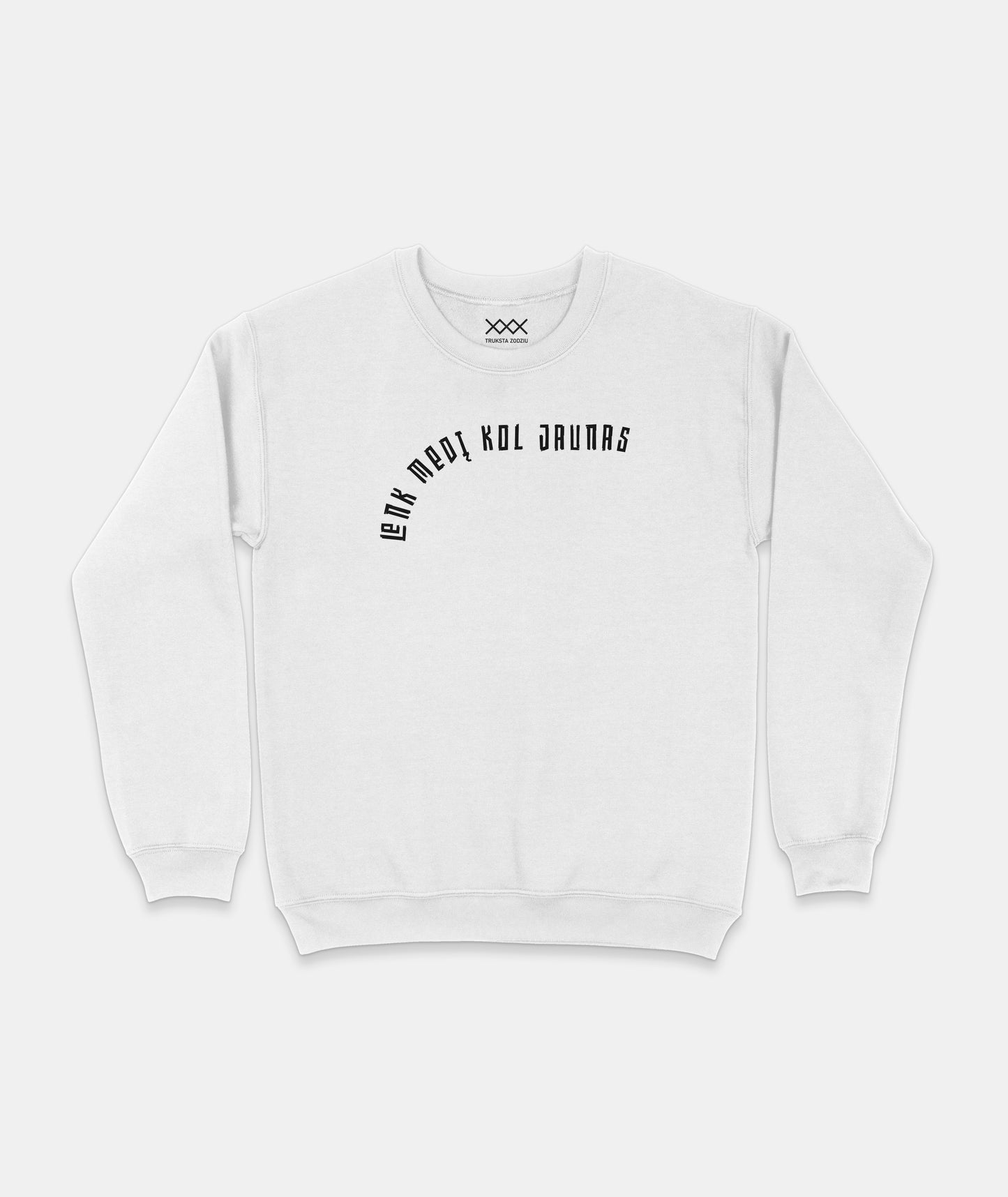 Baltas minimalistinis urban stiliaus džemperis su lenktos formos lietuvišku užrašu - Lenk medį kol jaunas.