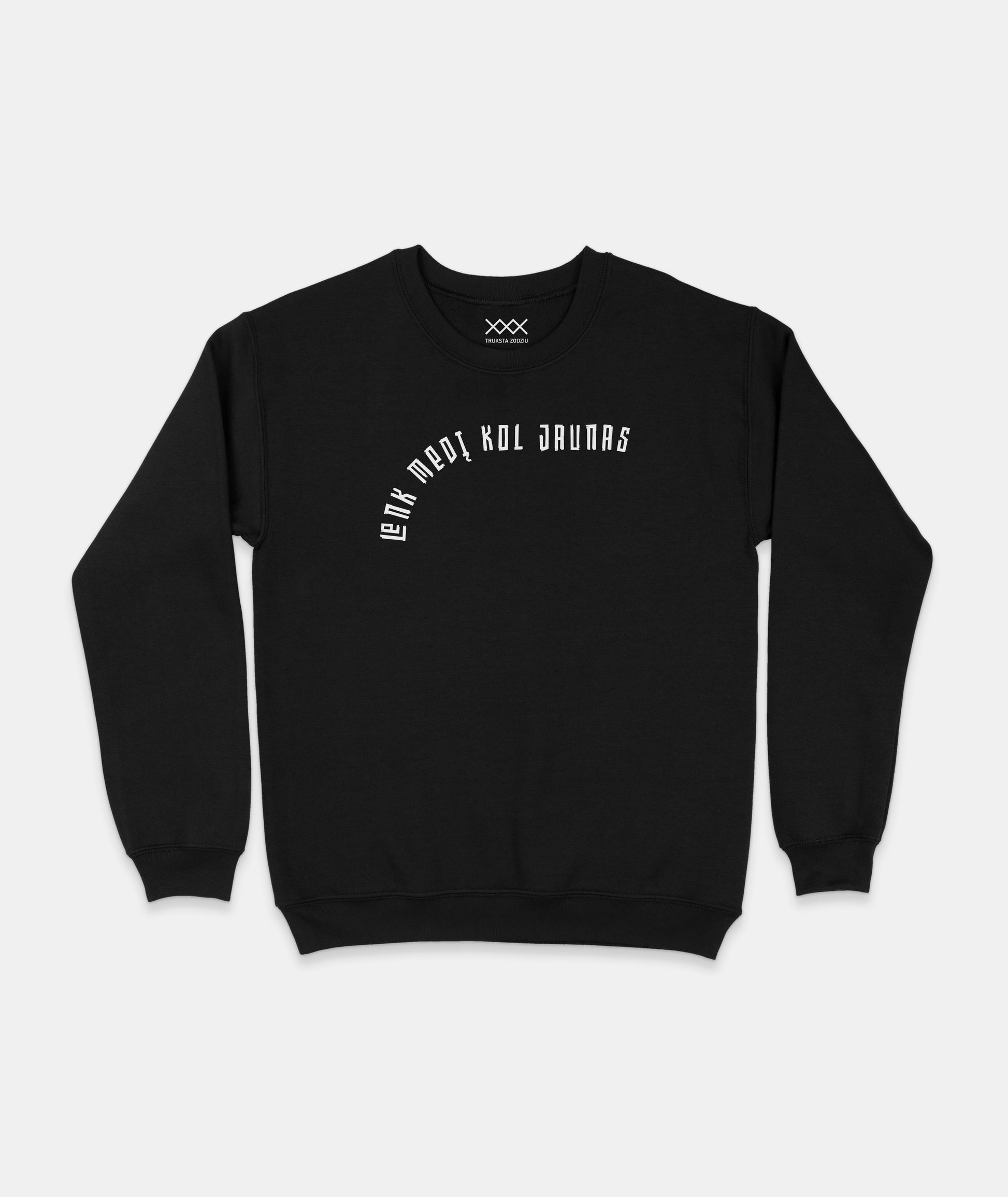 Juodas unisex džemperis su lietuviška fraze - Lenk medį kol jaunas, tai modernus gatvės stiliaus drabužis jaunimui