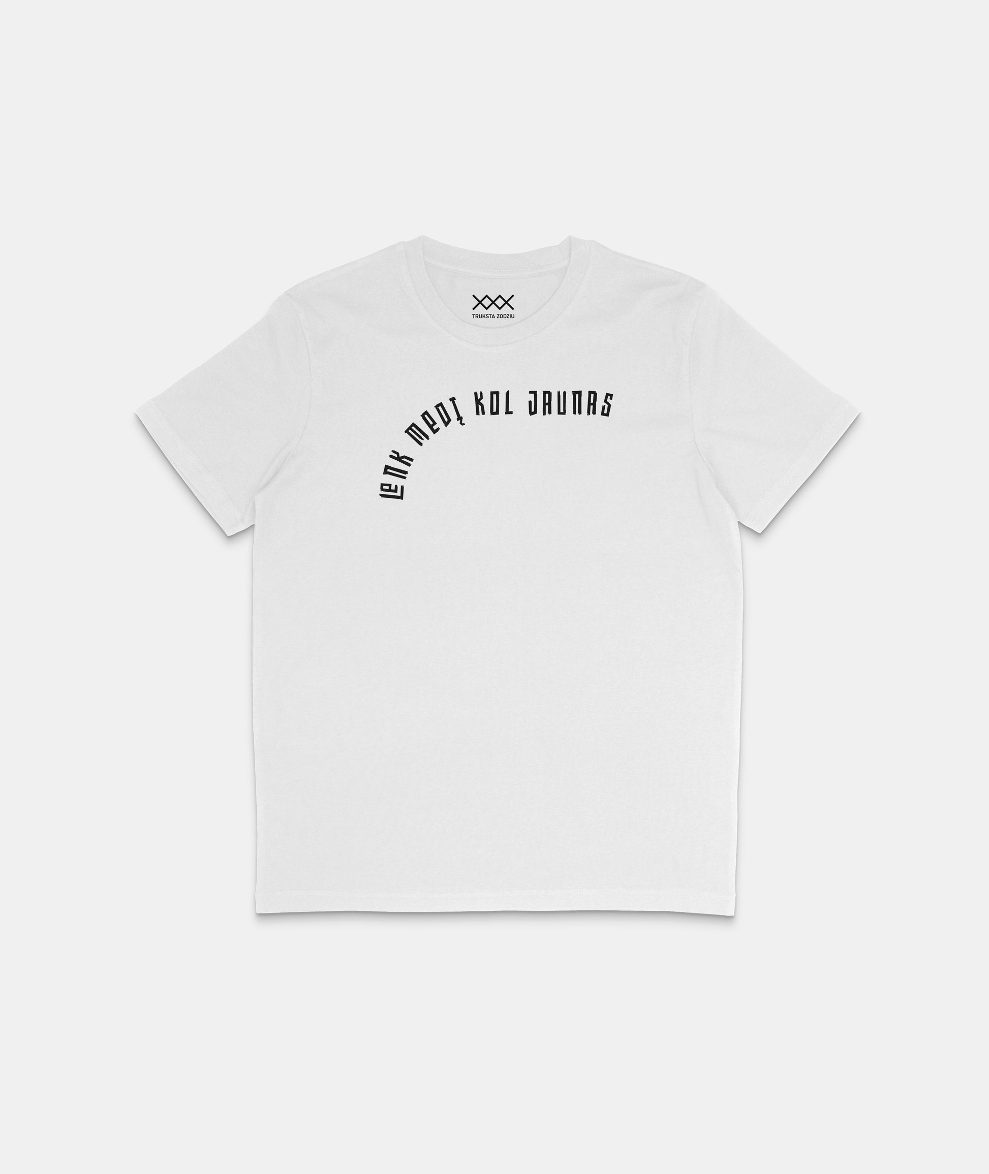 Balti lietuviško streetwear stiliaus marškinėliai su lenktos formos užrašu - Lenk medį kol jaunas.