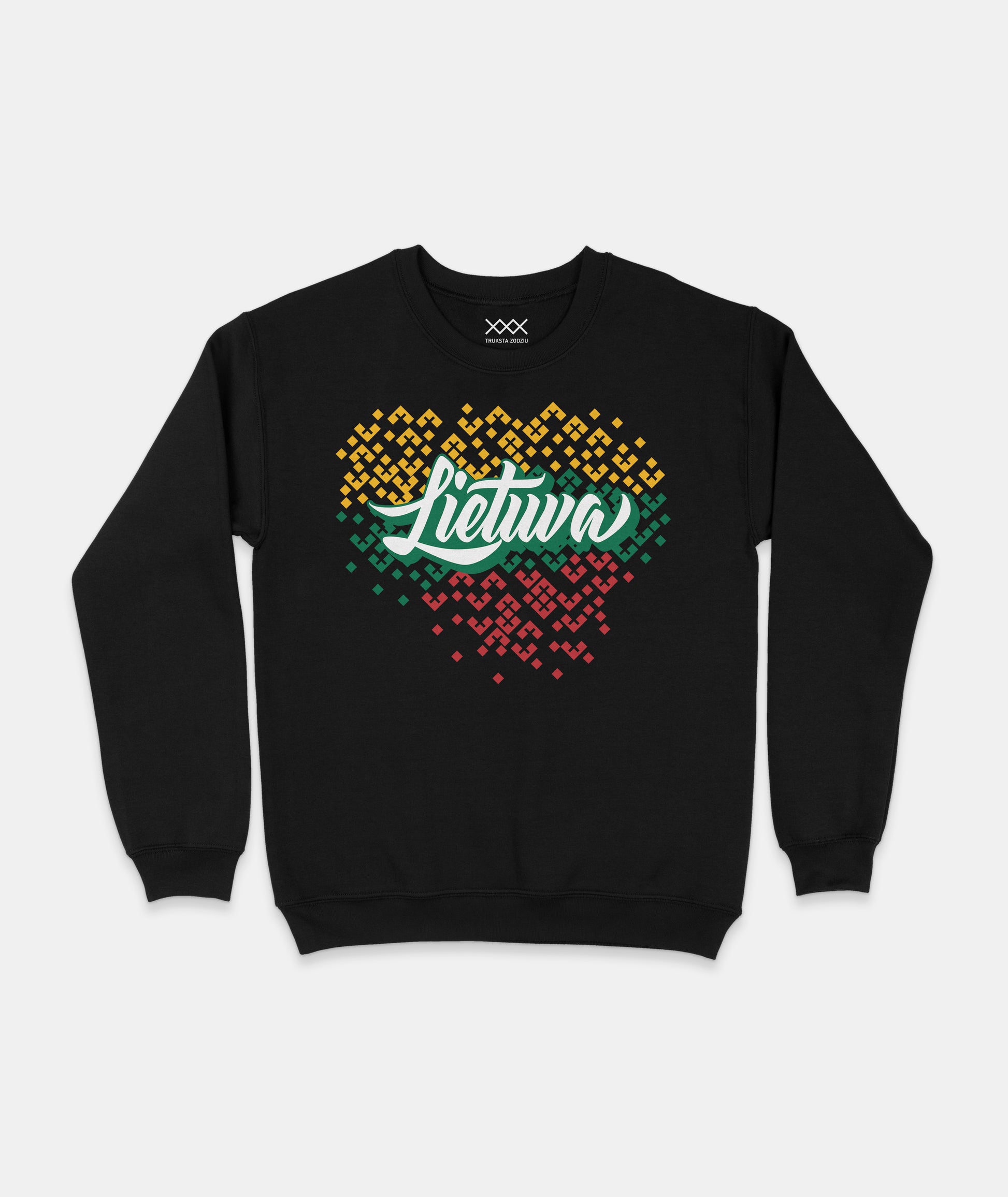 Juodas džemperis su stilizuotu Lietuvos kontūru ir žaliu kaligrafiniu užrašu „Lietuva“ – patriotiška apranga su šiuolaikiniu dizainu.