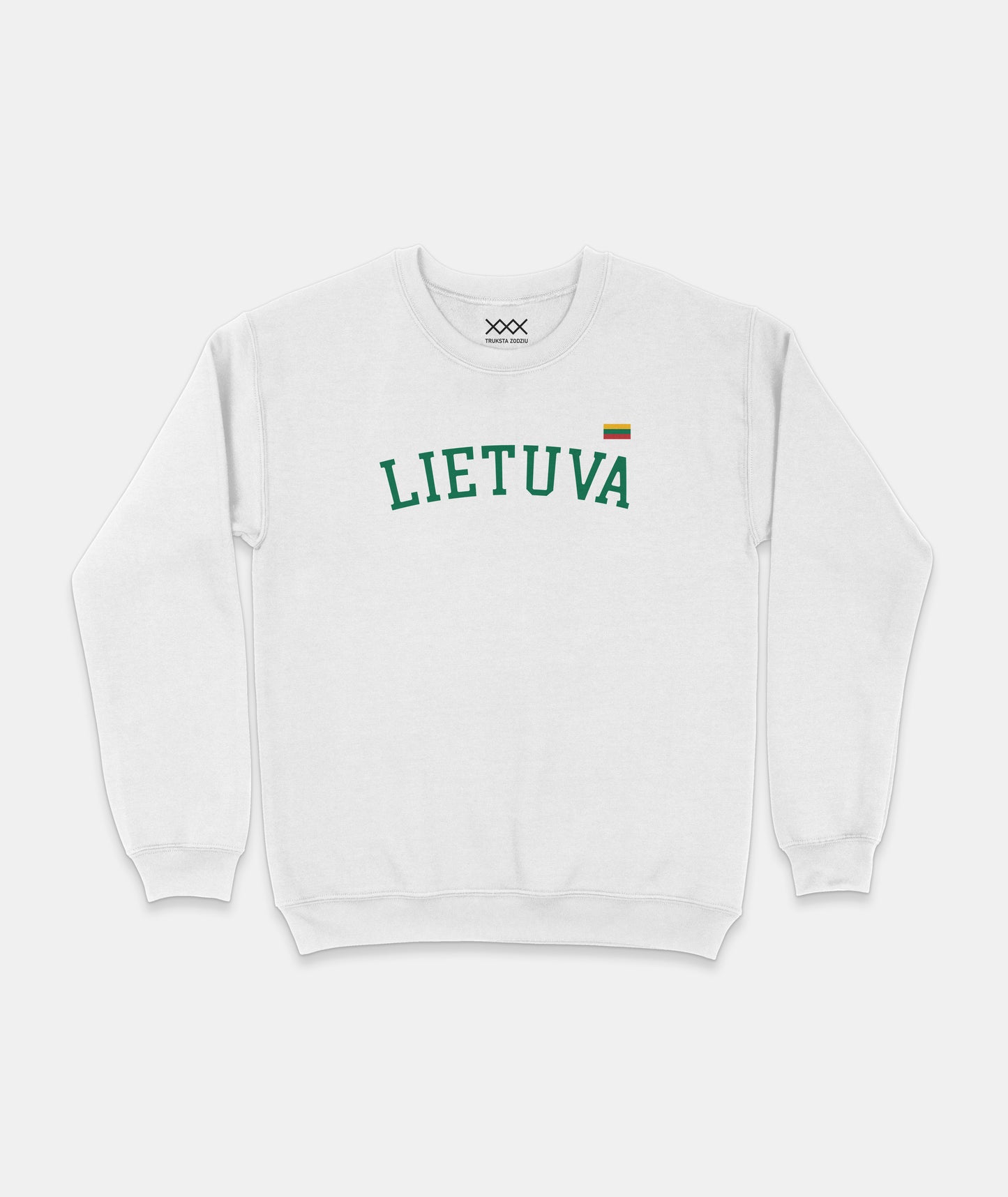 Stilingas lietuviškos tematikos baltas džemperis su žaliu užrašu „LIETUVA“ ir maža Lietuvos trispalve širdies plote