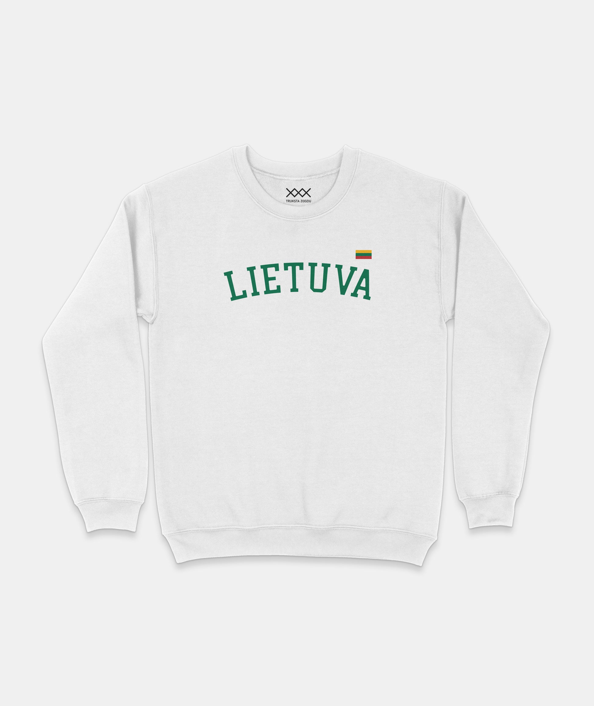Stilingas lietuviškos tematikos baltas džemperis su žaliu užrašu „LIETUVA“ ir maža Lietuvos trispalve širdies plote