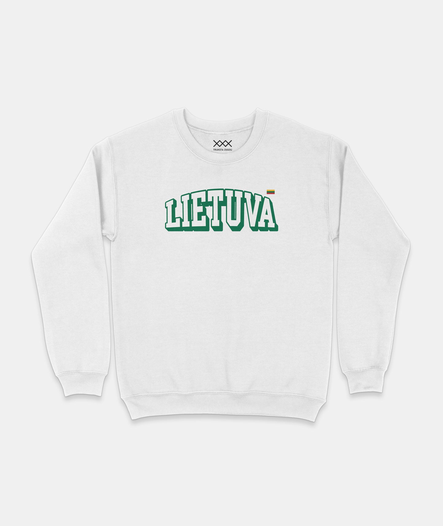 Klasikinio pasiuvimo baltas džemperis patriotiškiems žmonėms, su baltu, žaliame kontūre užrašu „LIETUVA“  ir trispalve