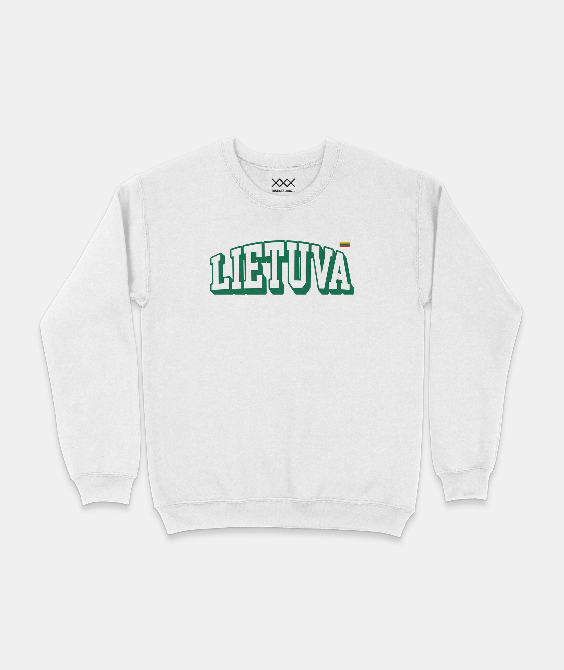 Klasikinio pasiuvimo baltas džemperis patriotiškiems žmonėms, su baltu, žaliame kontūre užrašu „LIETUVA“  ir trispalve