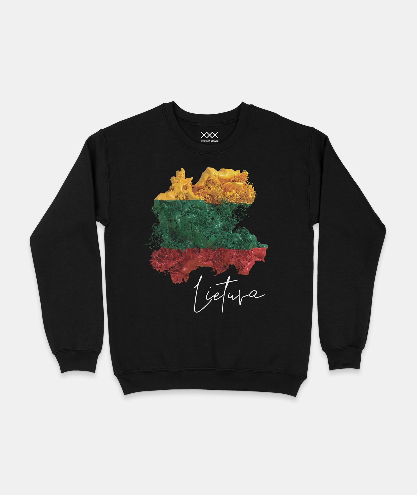 Madingos tautinės aprangos juodas džemperis su išraiškingu dizainu – vaizduojamas ryškių dažų sprogimas Lietuvos spalvomis