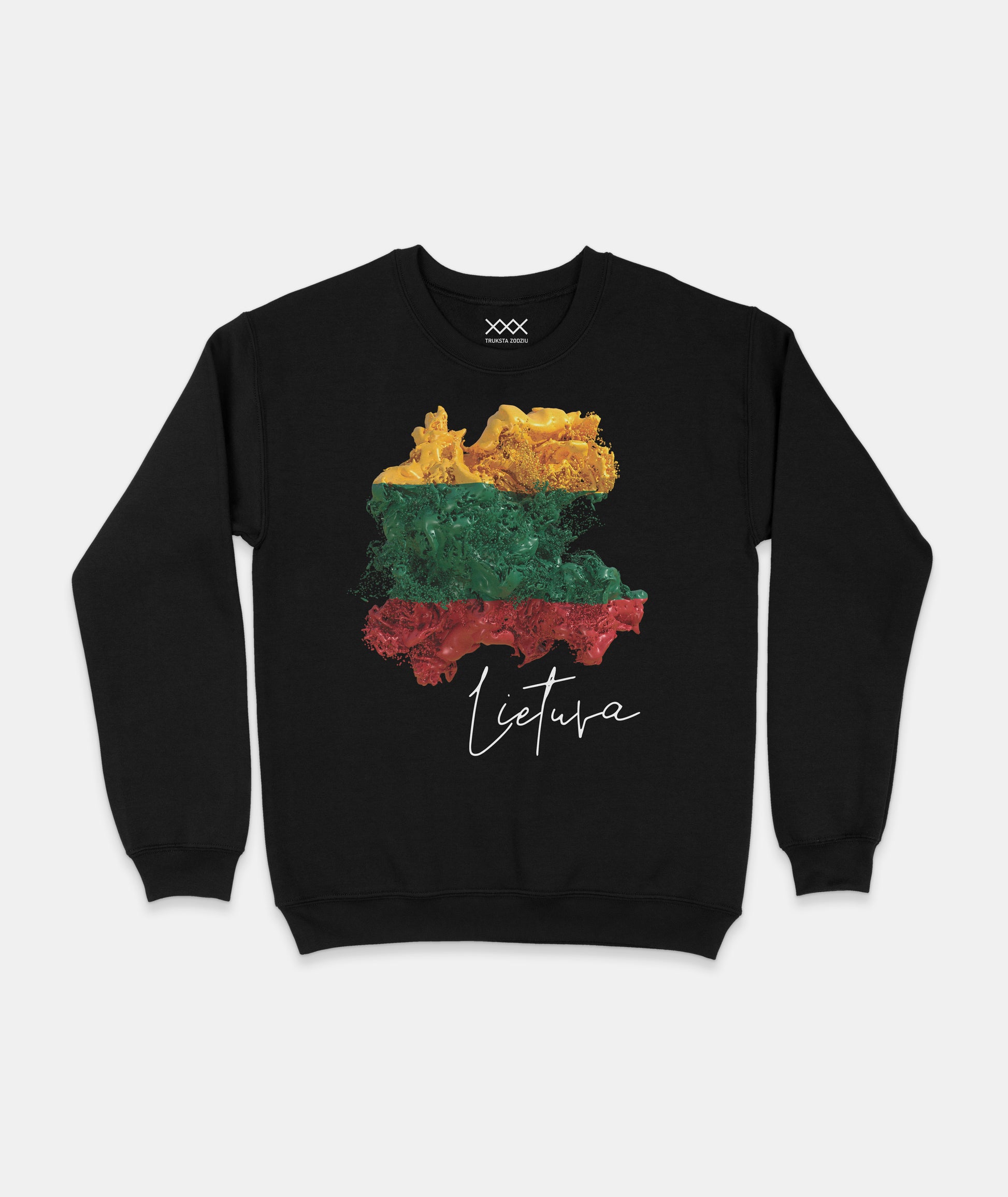 Madingos tautinės aprangos juodas džemperis su išraiškingu dizainu – vaizduojamas ryškių dažų sprogimas Lietuvos spalvomis