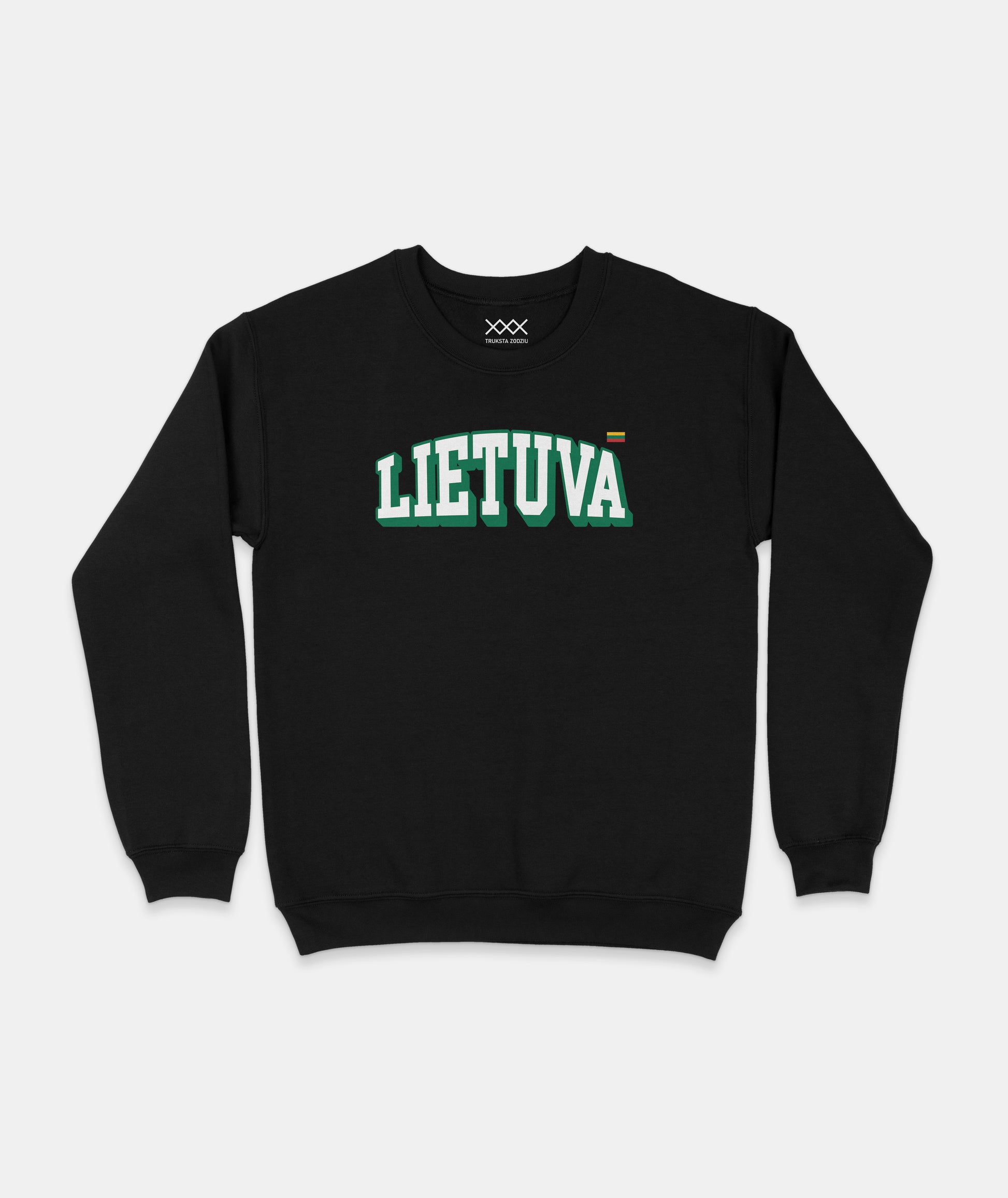 Juodos spalvos lietuviškas džemperis su reljefiniu užrašu LIETUVA ir Lietuvos vėliava – tai stilinga tautinė apranga