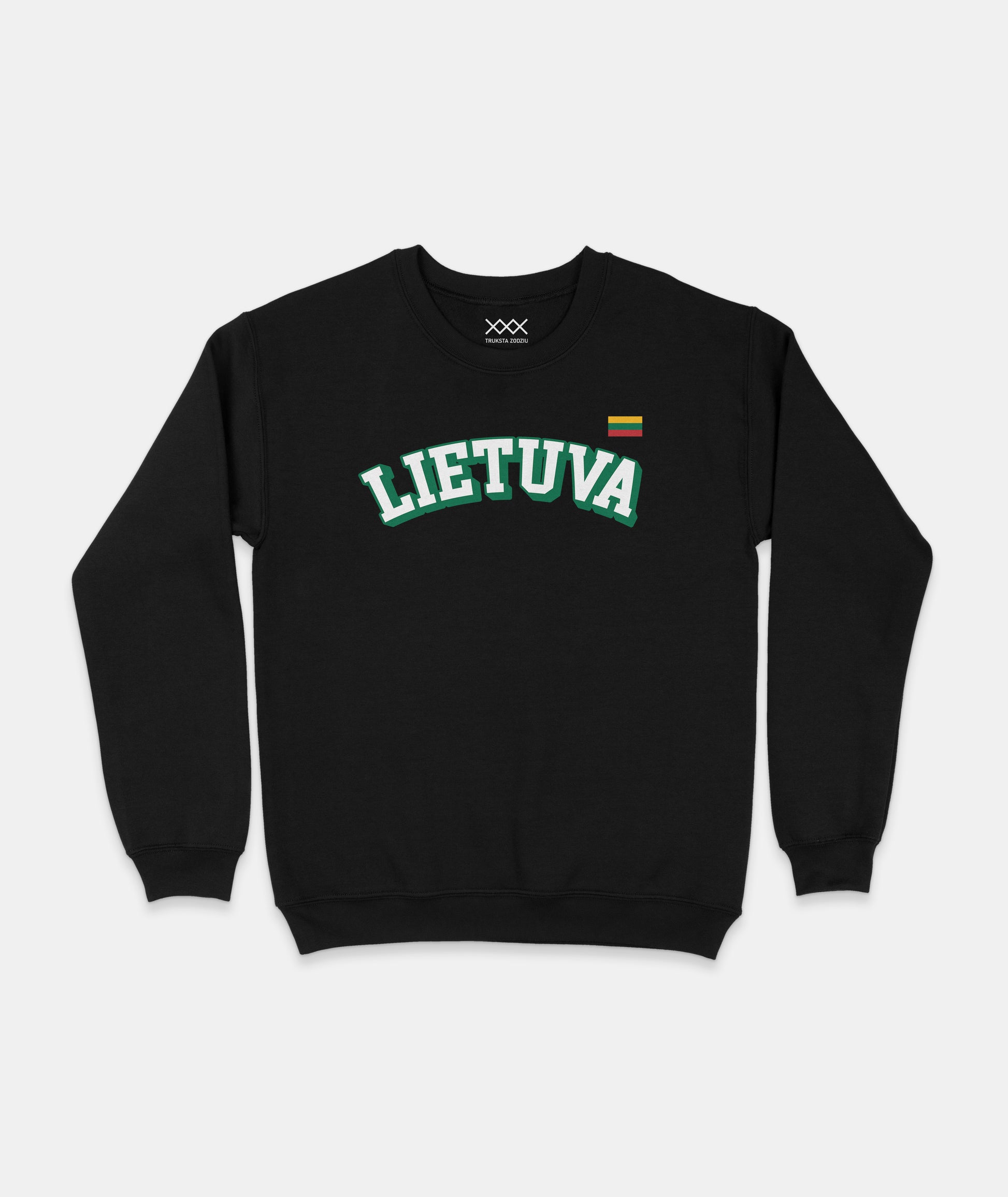 Juodos spalvos džemperis su lietuviška atributika - žaliu užrašu „LIETUVA“ ir maža Lietuvos vėliavėle dizaino viršuje