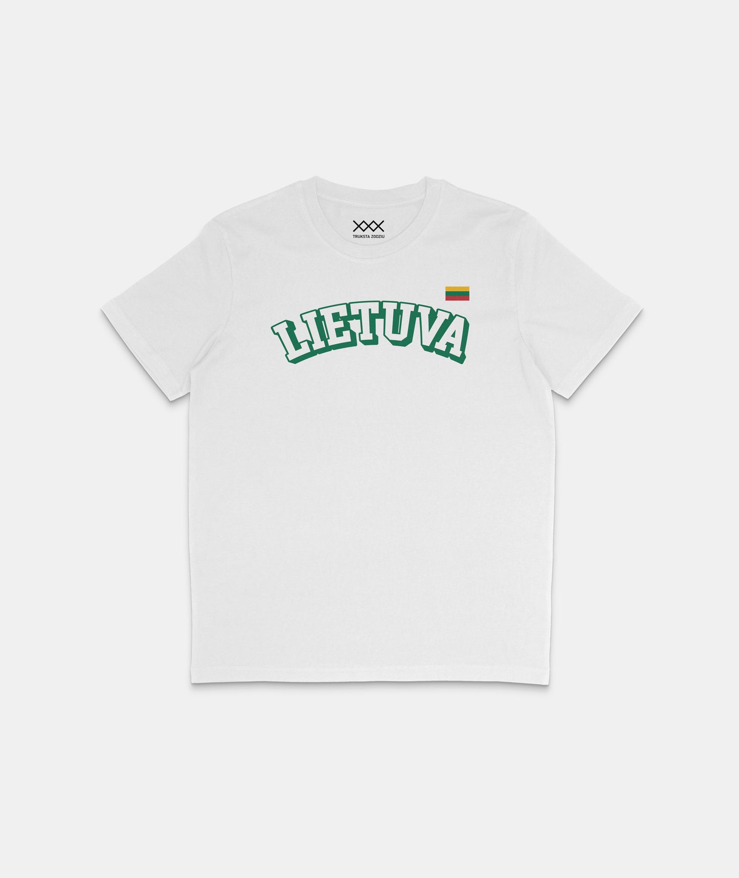 Baltos spalvos lietuviški marškinėliai su žalio kontūro užrašu „LIETUVA“ ir trispalve vėliavėle viršutiniame širdies plote