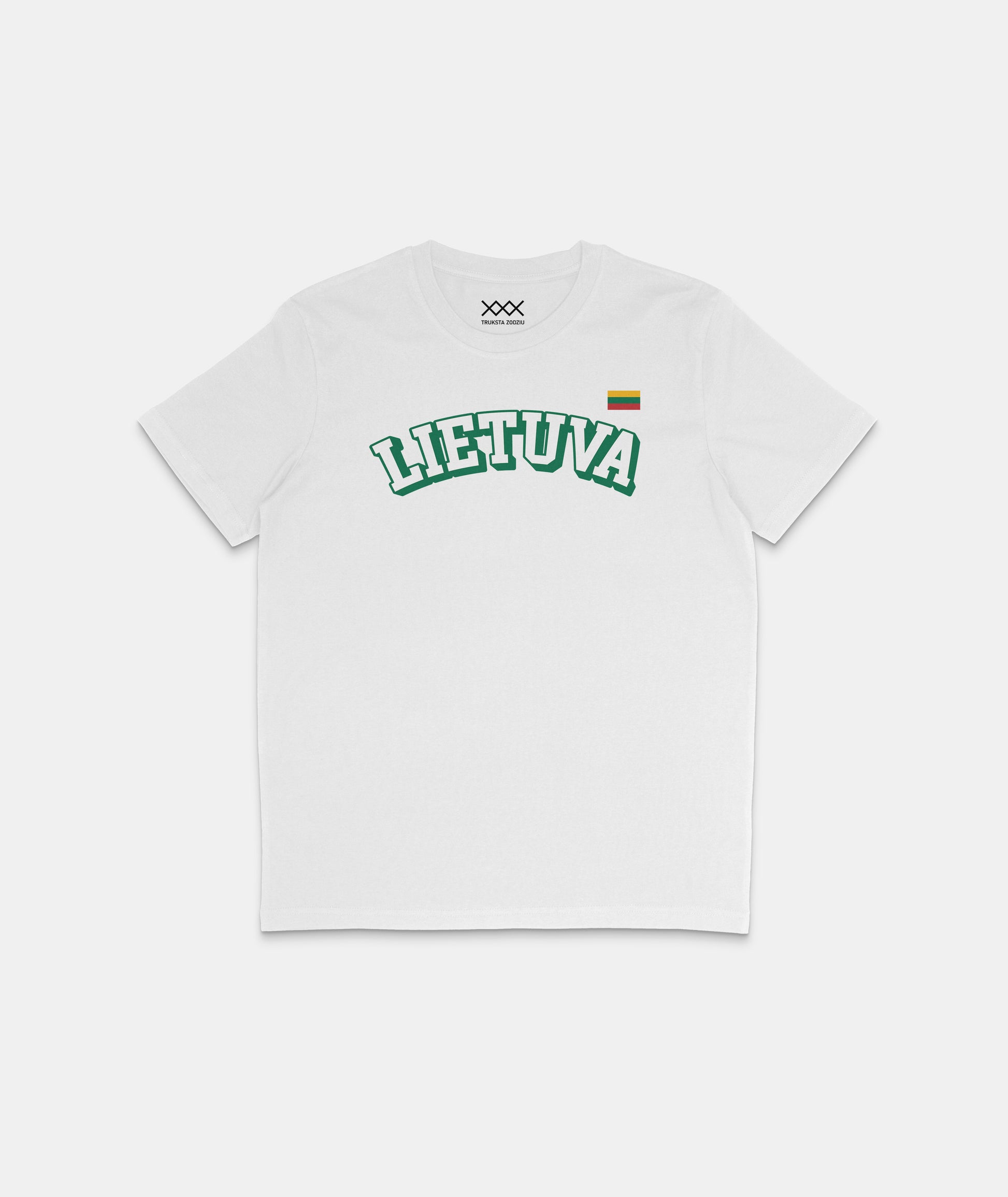 Baltos spalvos lietuviški marškinėliai su žalio kontūro užrašu „LIETUVA“ ir trispalve vėliavėle viršutiniame širdies plote