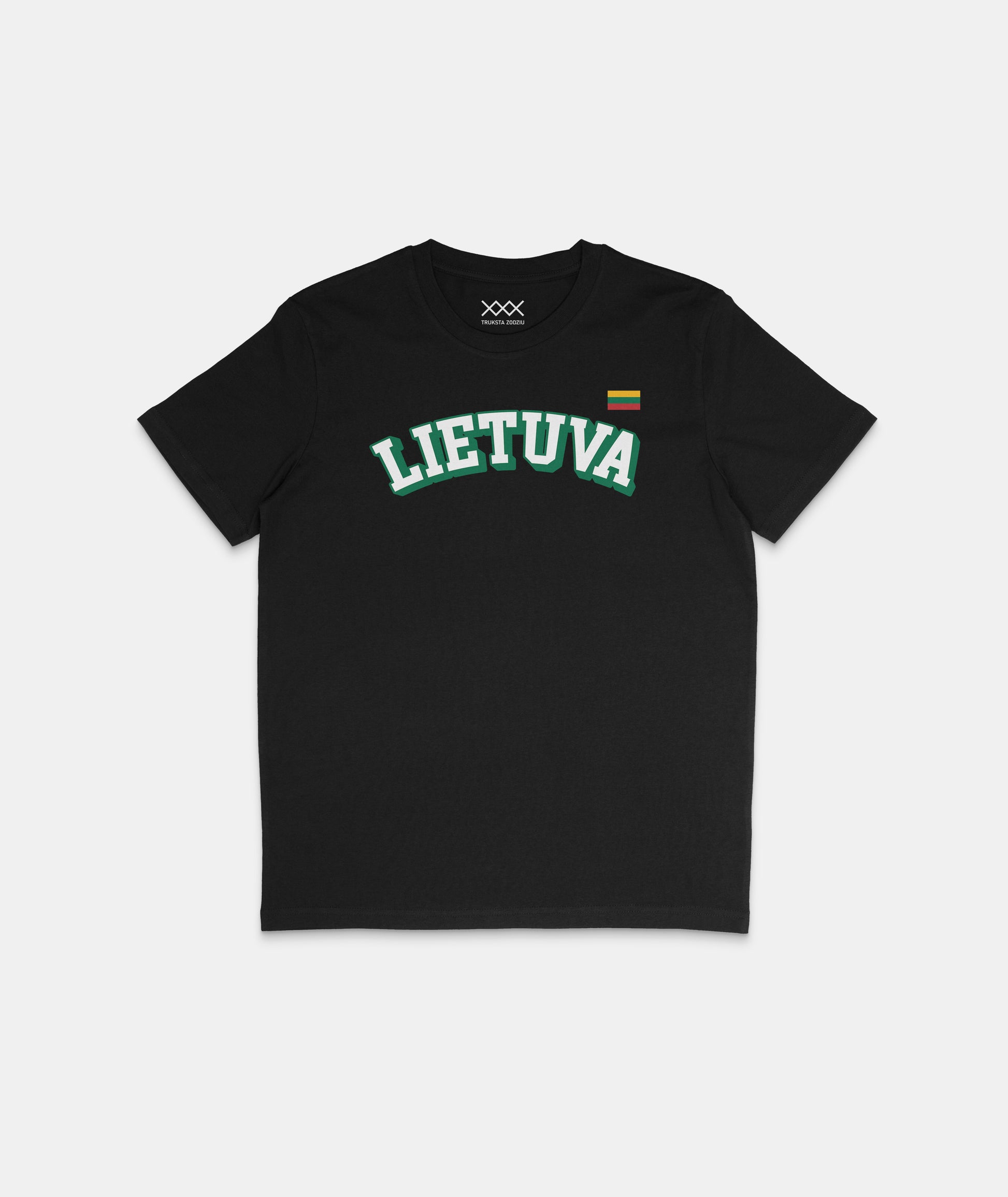 Juodos spalvos marškinėliai su ryškiu žaliai kontūruotu užrašu „LIETUVA“ ir minimalistine Lietuvos trispalve vėliavėle
