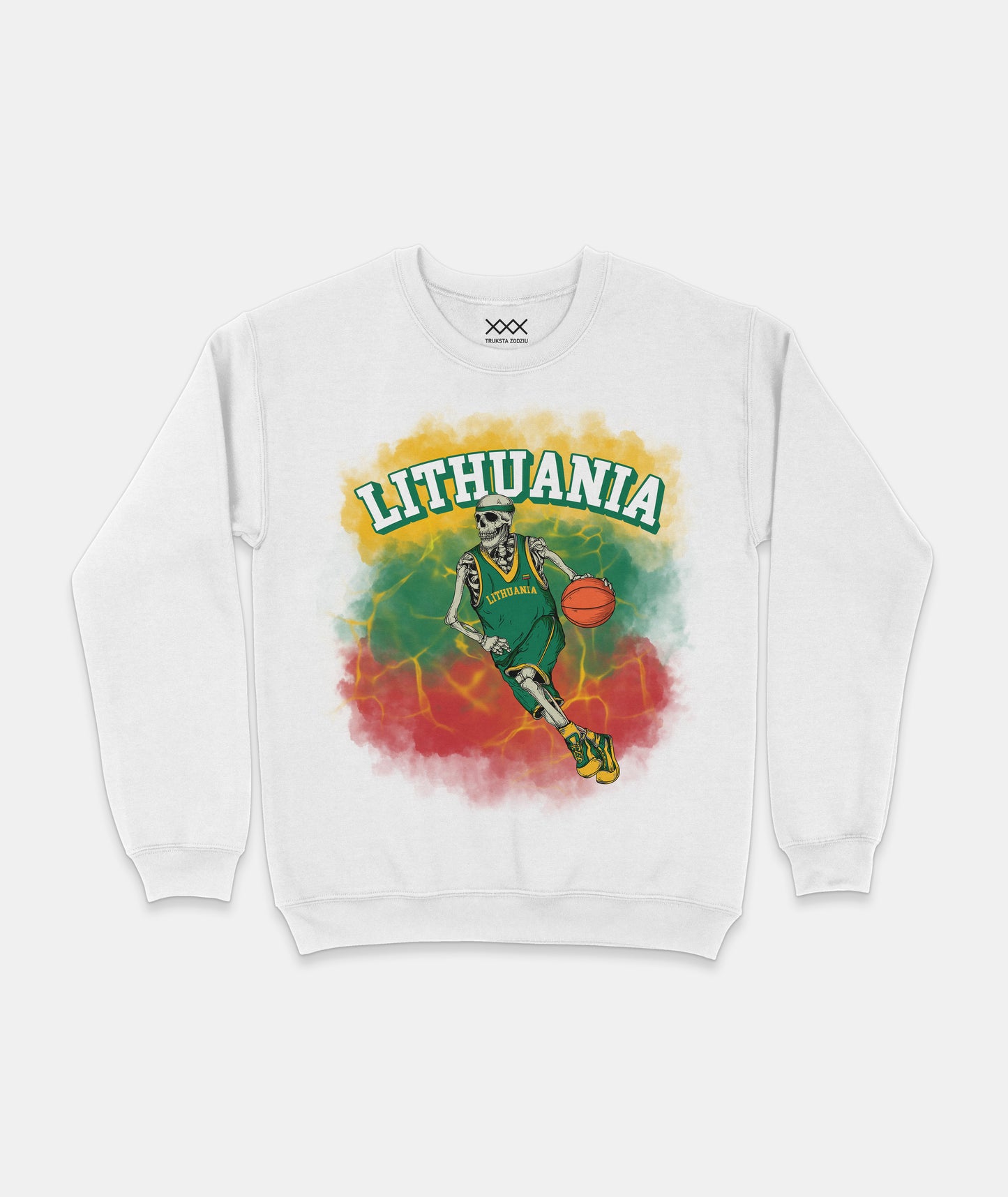 Baltas džemperis lietuviško krepšinio sirgaliams su skeletu-krepšininku, Lietuvos vėliavos spalvų fone ir užrašu „Lithuania“