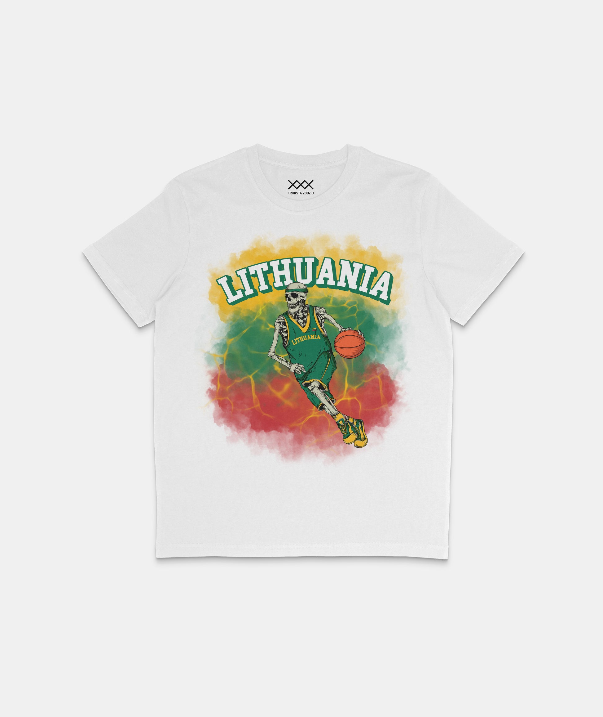 Baltos spalvos lietuviški marškinėliai su „Lithuania“ užrašu, krepšininko skeletu, kuris yra Lietuvos trispalvės fragmentuose