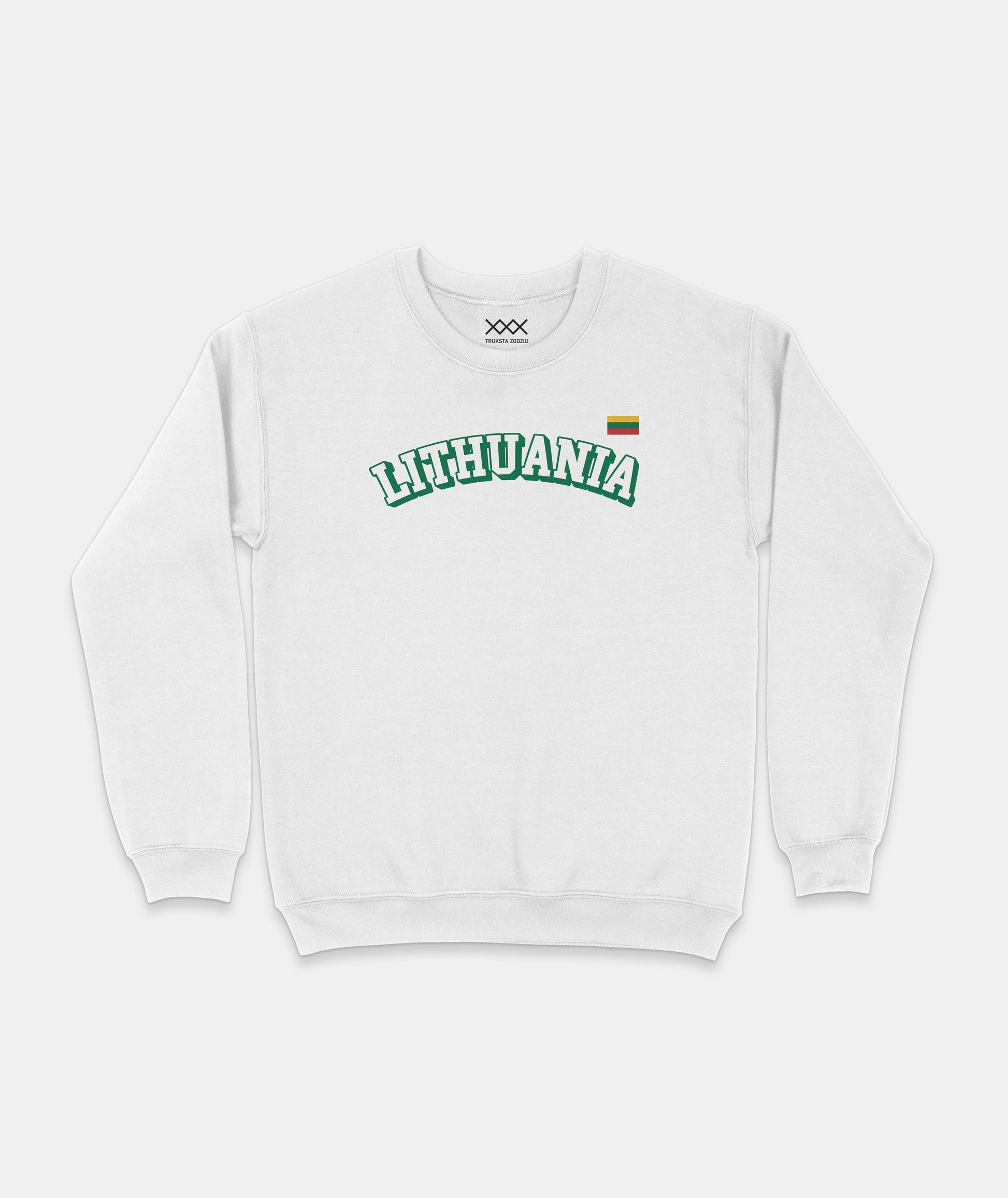 Baltas lietuviškas džemperis su žalio kontūro užrašu „LITHUANIA“ ir mažos Lietuvos trispalvės spauda širdies plote