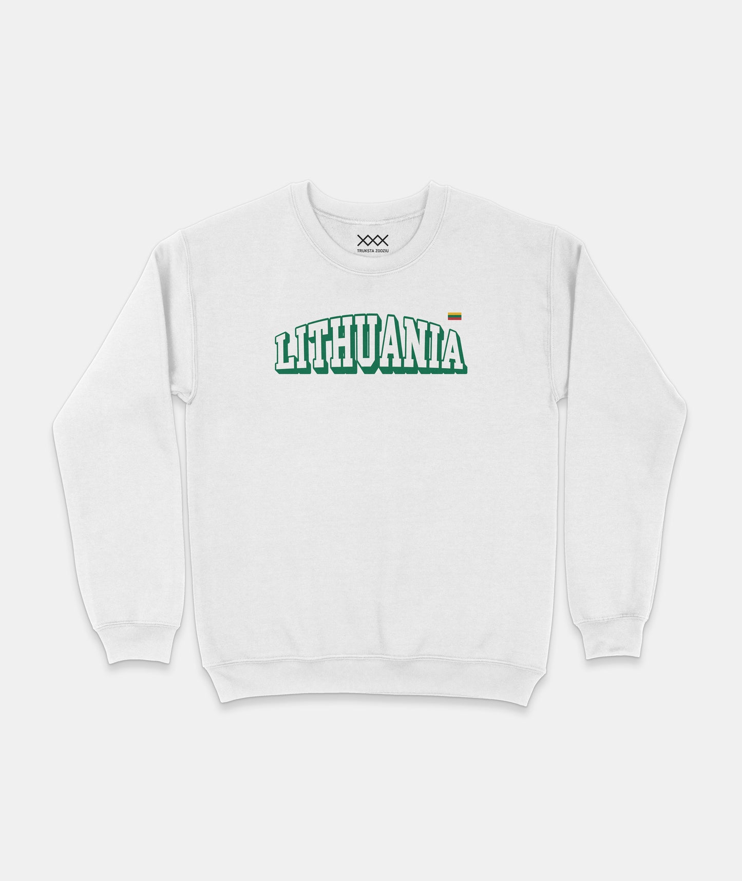 Baltas lietuviškos atributikos džemperis su žaliame kontūre "LITHUANIA" užrašu ir Lietuvos vėliavėle krūtinės srityje