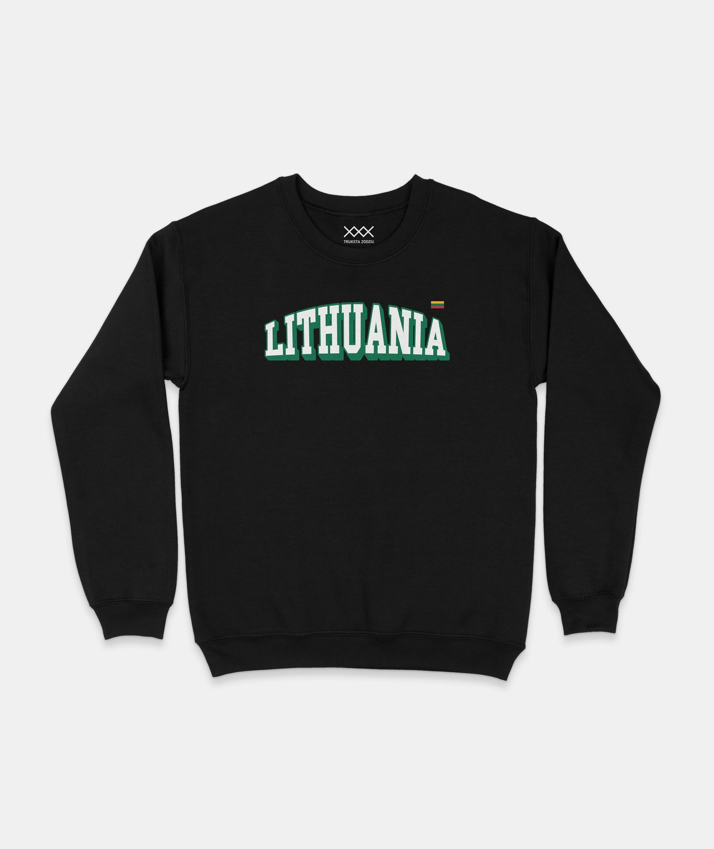 Juodos spalvos džemperis su universitetinio stiliaus baltu užrašu "Lithuania", žaliame kontūre ir mini Lietuvos vėliavėle
