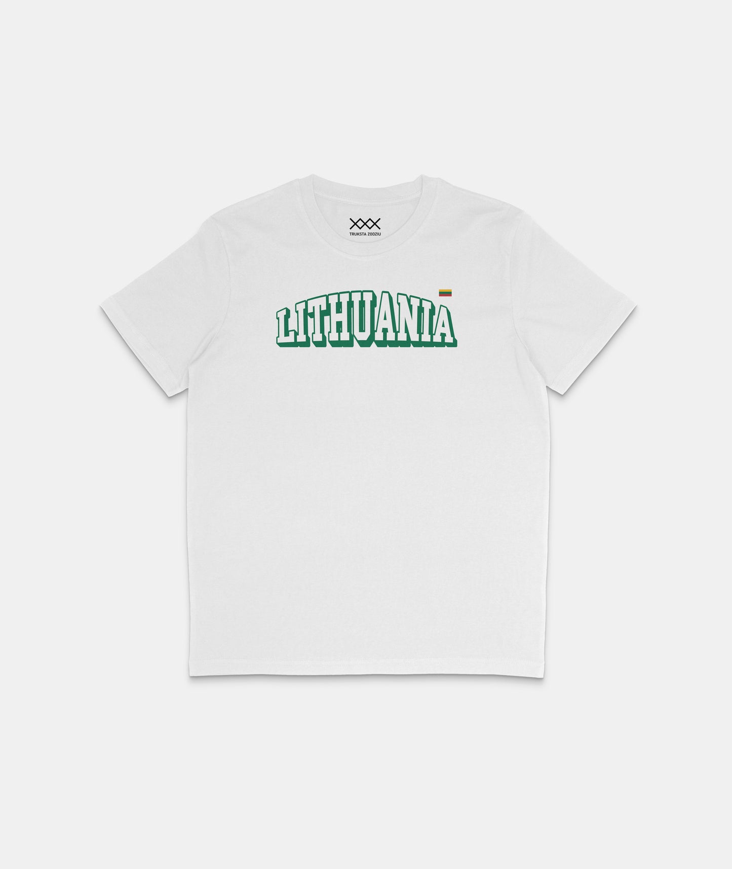 Balti lietuviškos tematikos marškinėliai su žalio kontūro užrašu "LITHUANIA" ir maža Lietuvos vėliava širdies vietoje