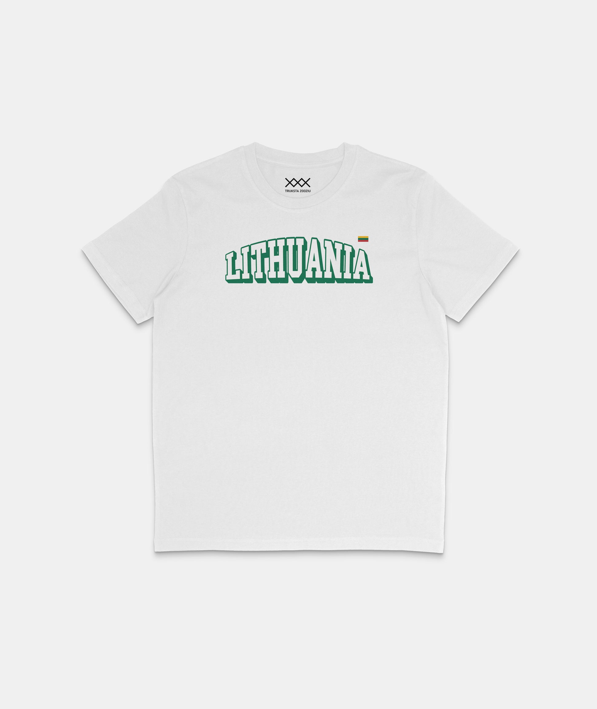 Balti lietuviškos tematikos marškinėliai su žalio kontūro užrašu "LITHUANIA" ir maža Lietuvos vėliava širdies vietoje