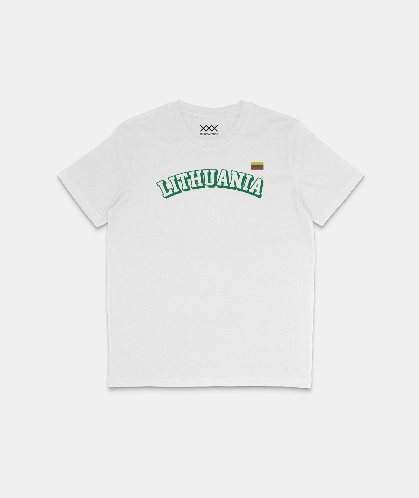 Balti Lietuviškos tematikos marškinėliai su žalio kontūro užrašu „LITHUANIA“ ir Lietuvos trispalve širdies plote