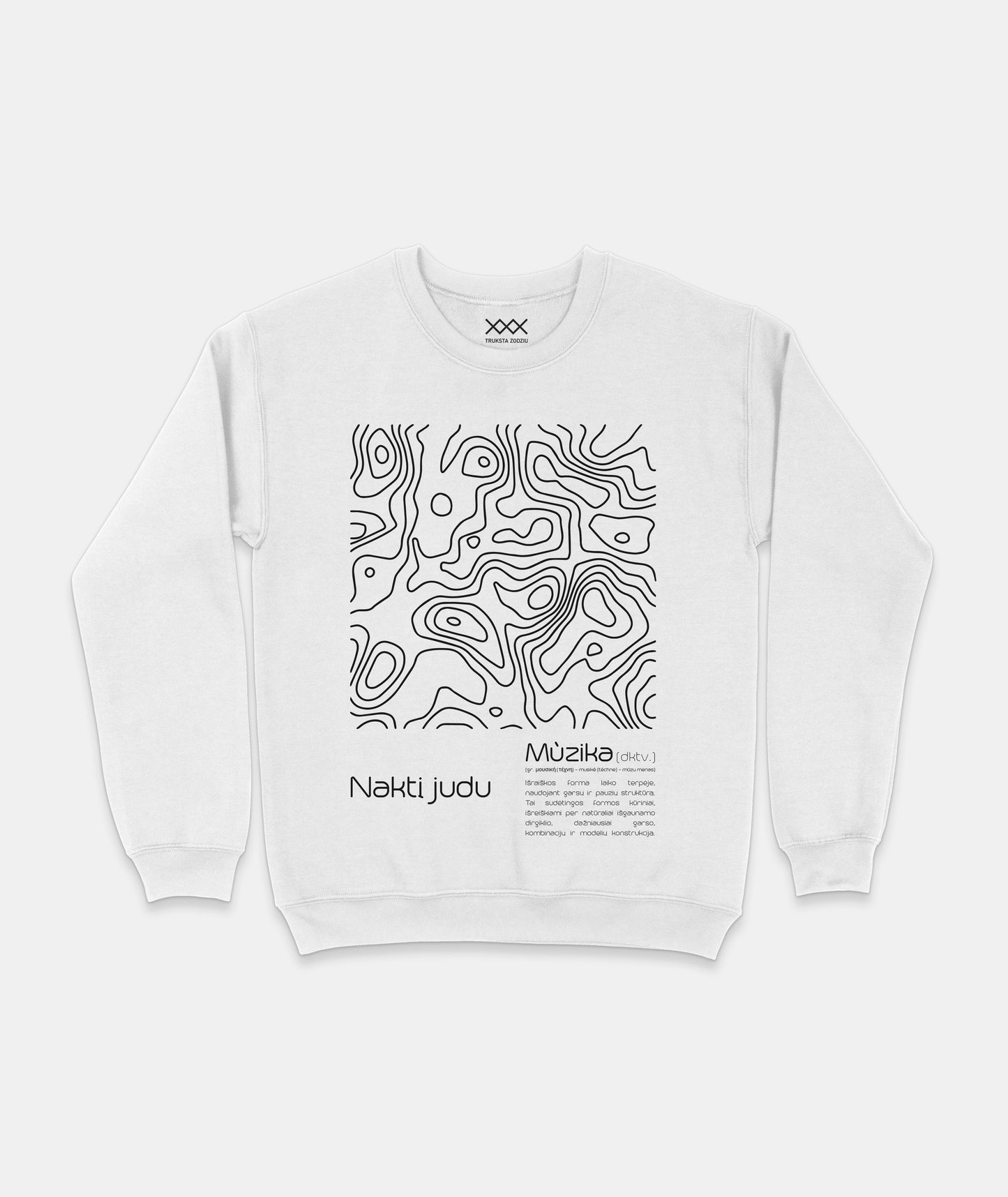 Baltas unisex gatvės mados džemperis Naktį judu su abstrakčiu juodų topografinių linijų dizainu ir tekstu apie muziką.