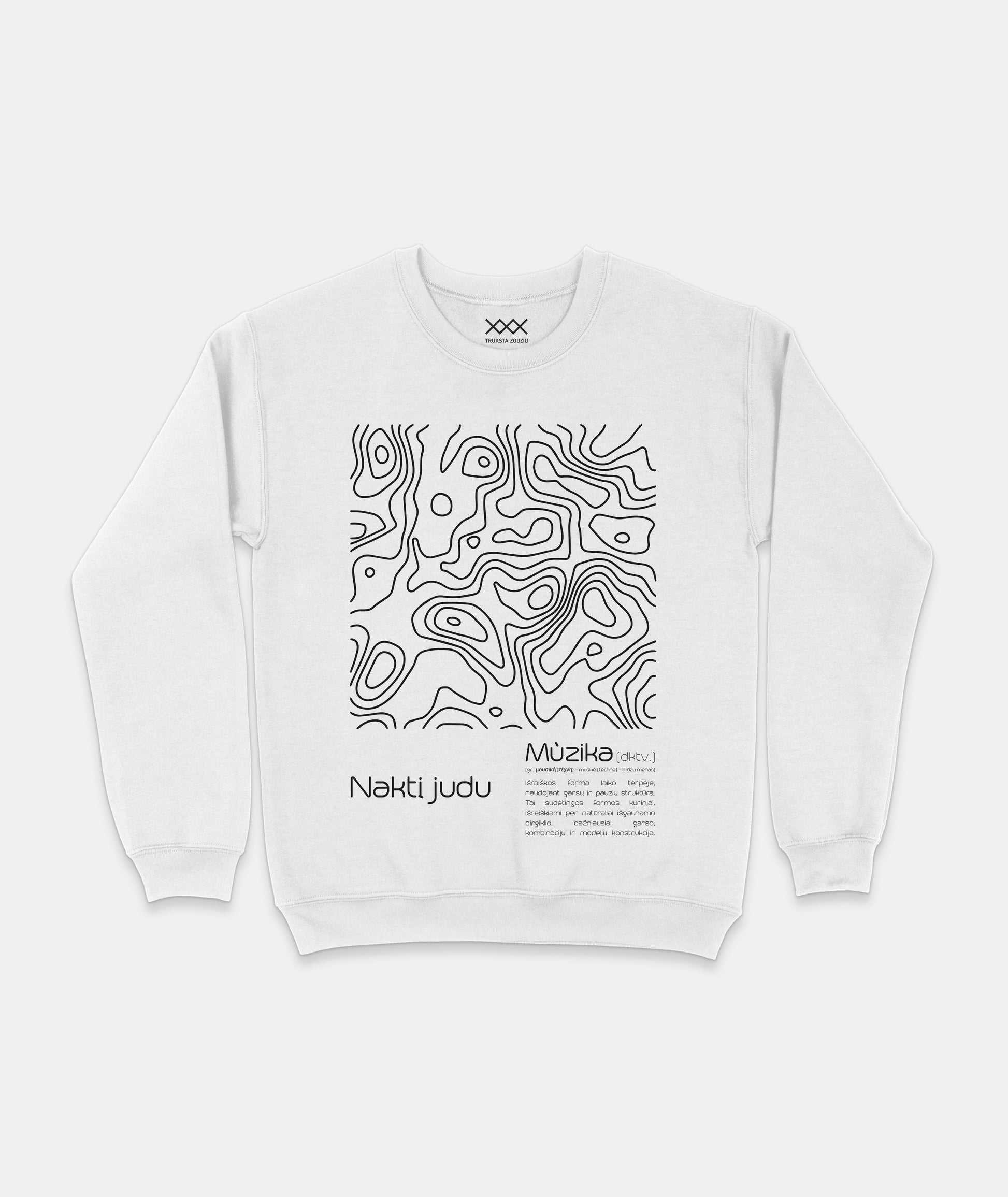 Baltas unisex gatvės mados džemperis Naktį judu su abstrakčiu juodų topografinių linijų dizainu ir tekstu apie muziką.