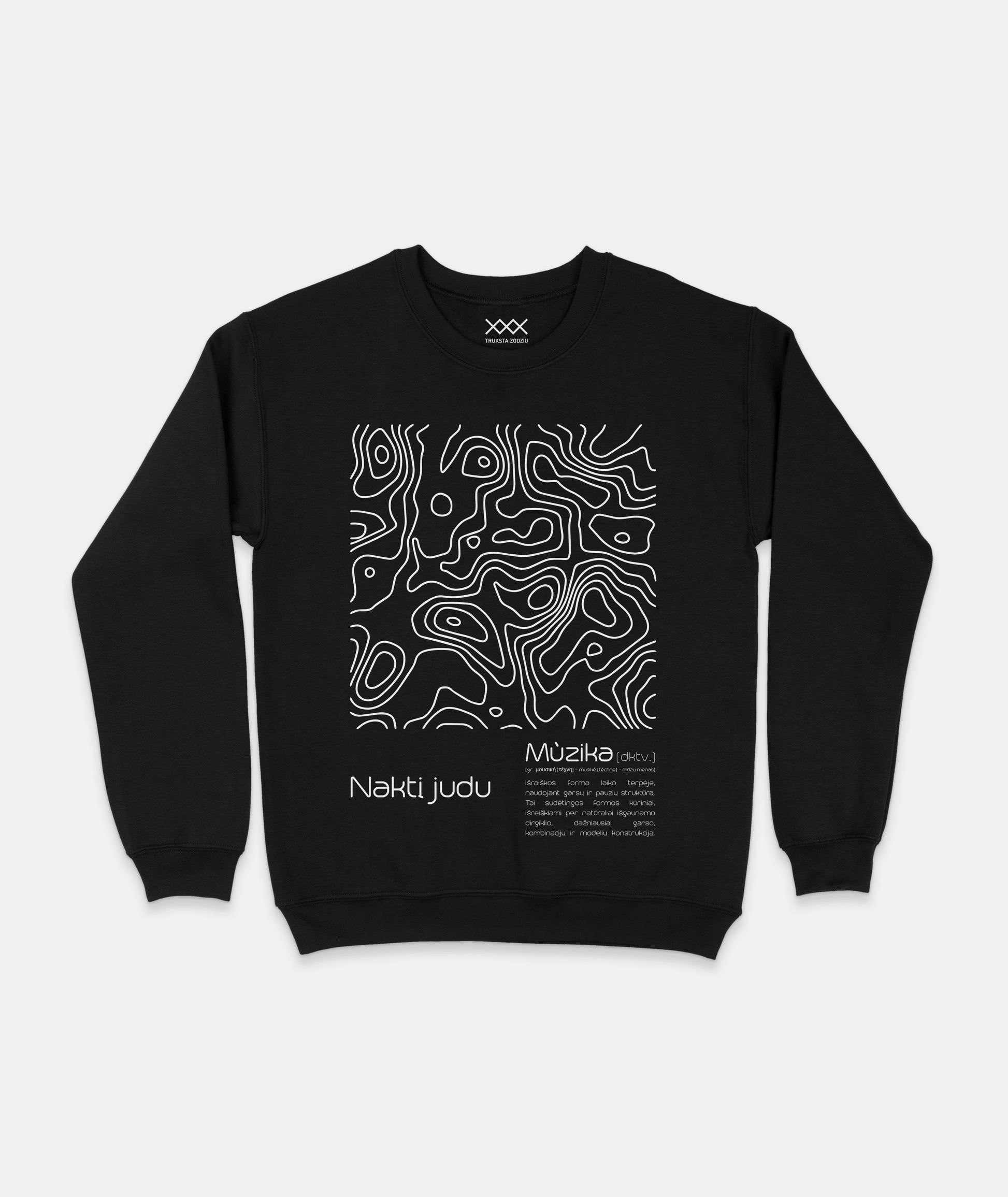 Juodas šiuolaikiškas streetwear stiliaus džemperis "Naktį judu" su menišku abstrakčiu linijiniu dizainu