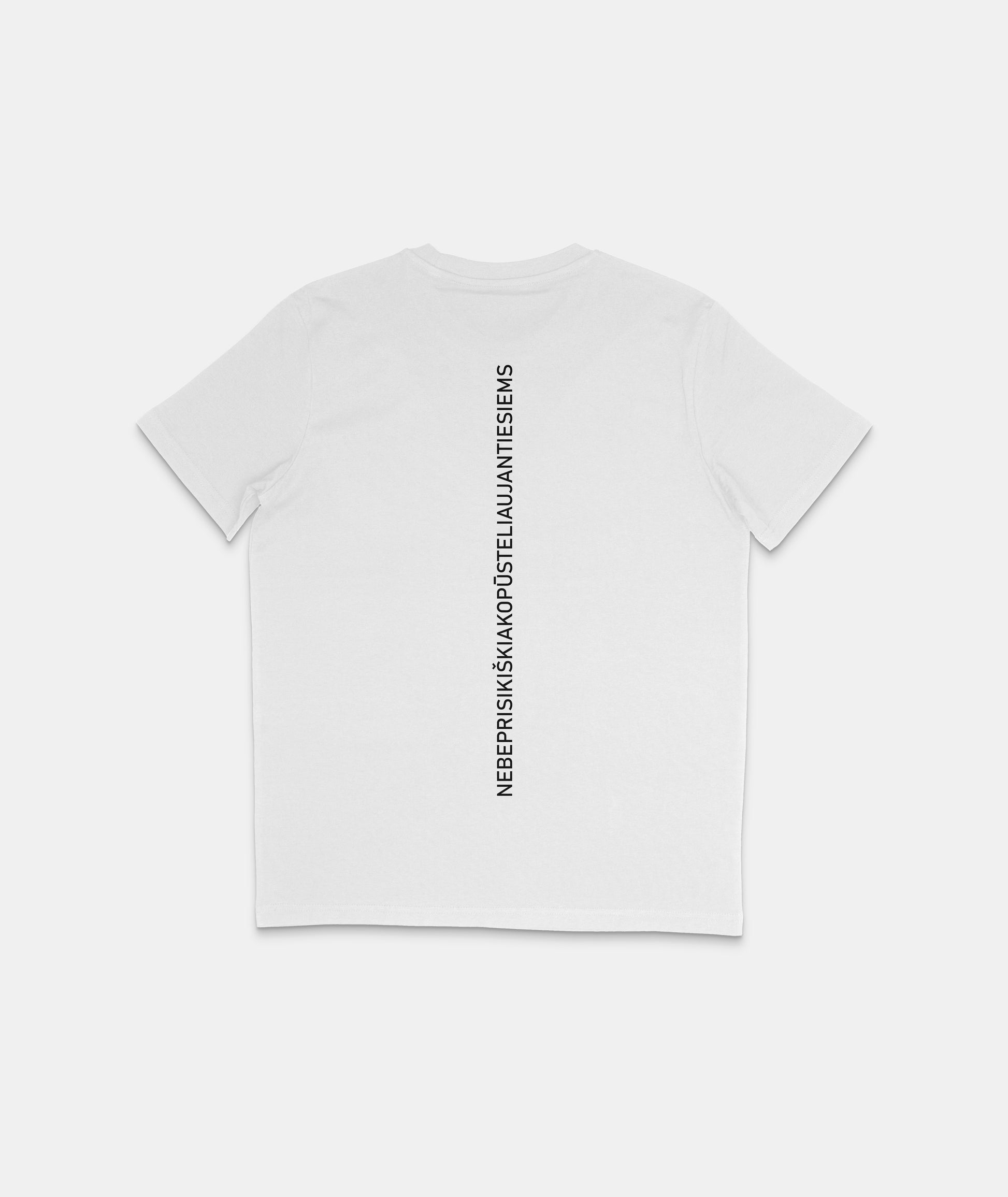 Balti marškinėliai su vertikaliu ilgiausiu lietuvišku žodžiu - „NEBEPRISIKIŠKIAKOPŪSTELIAUJANTIESIEMS“ nugaroje