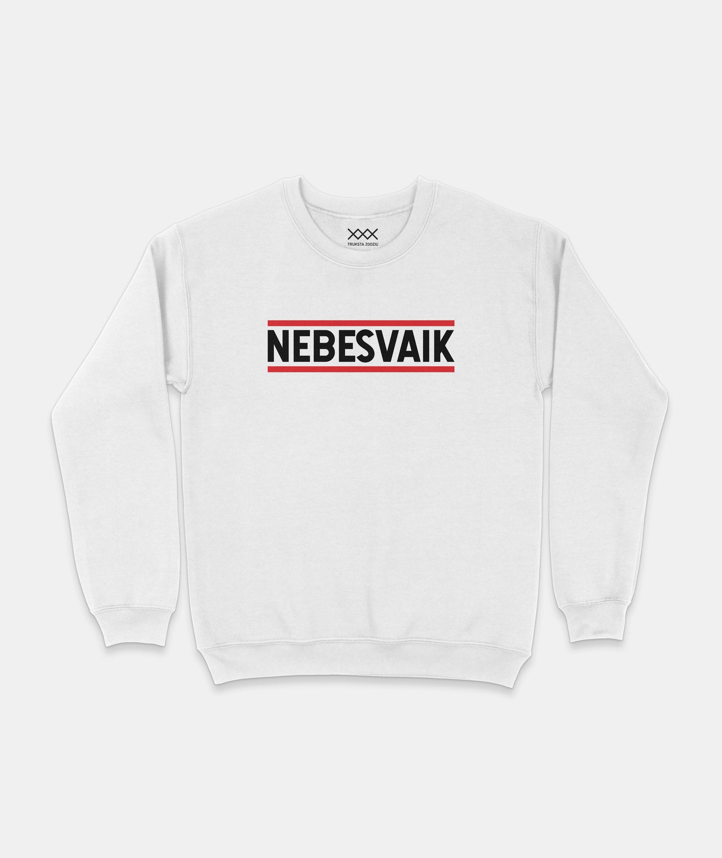 Baltas džemperis su juodu užrašu NEBESVAIK ir raudonomis linijomis, išskirtinis lietuviškas gatvės mados marškinėlis