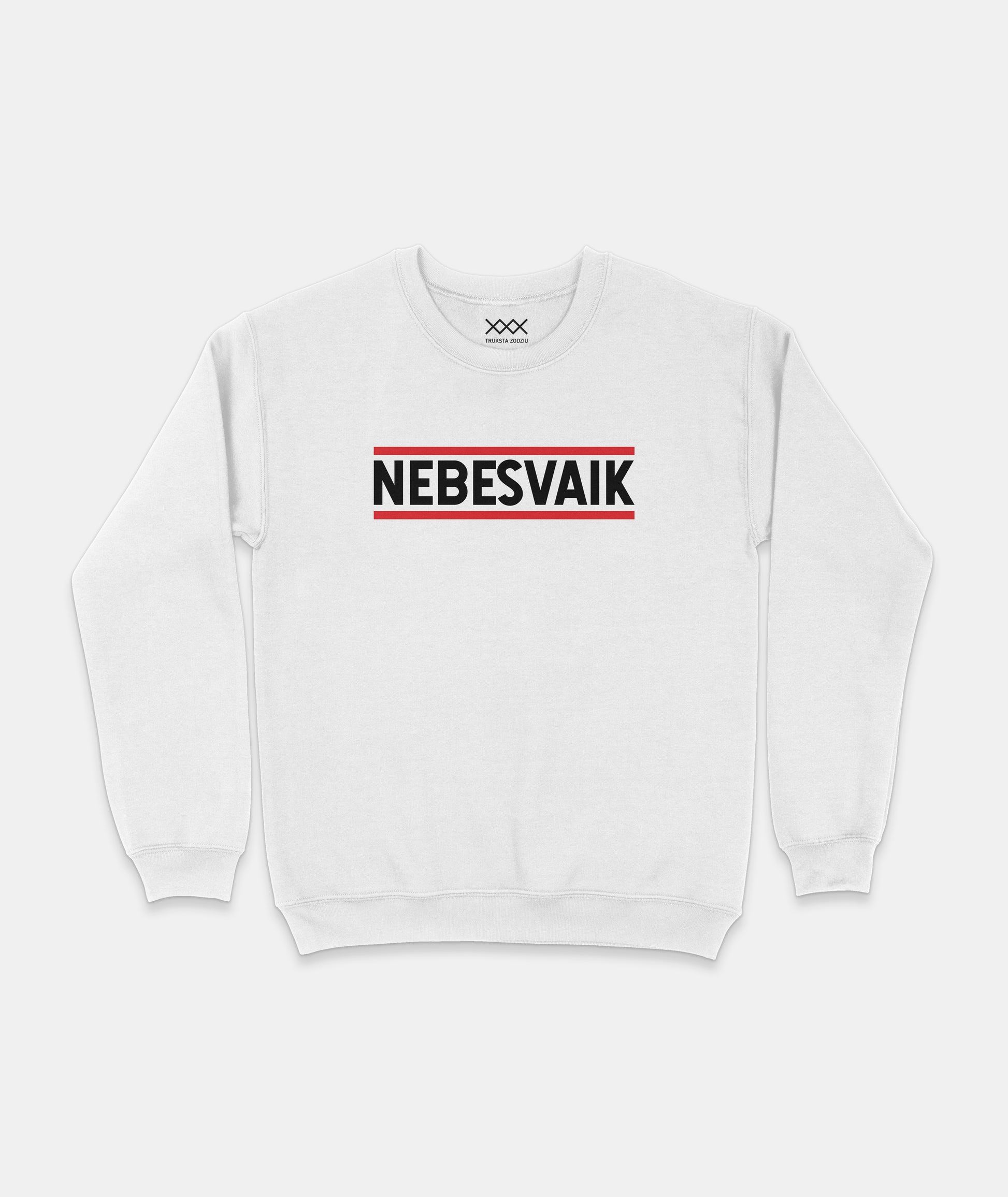 Baltas džemperis su juodu užrašu NEBESVAIK ir raudonomis linijomis, išskirtinis lietuviškas gatvės mados marškinėlis