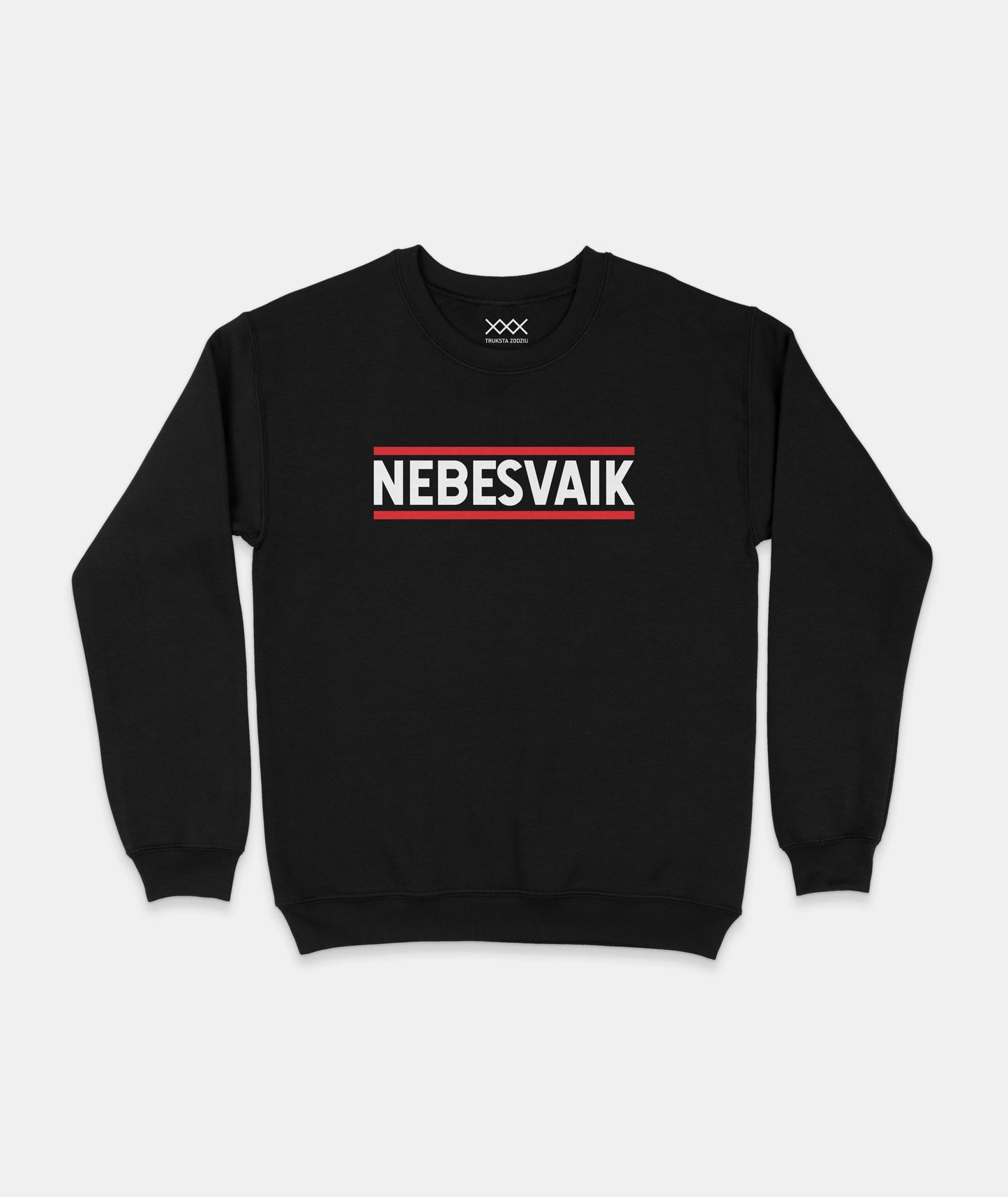Juodas džemperis su kontrastingu užrašu - NEBESVAIK, tarp raudonų linijų - modernus ir išraiškingas urban stiliaus rūbas