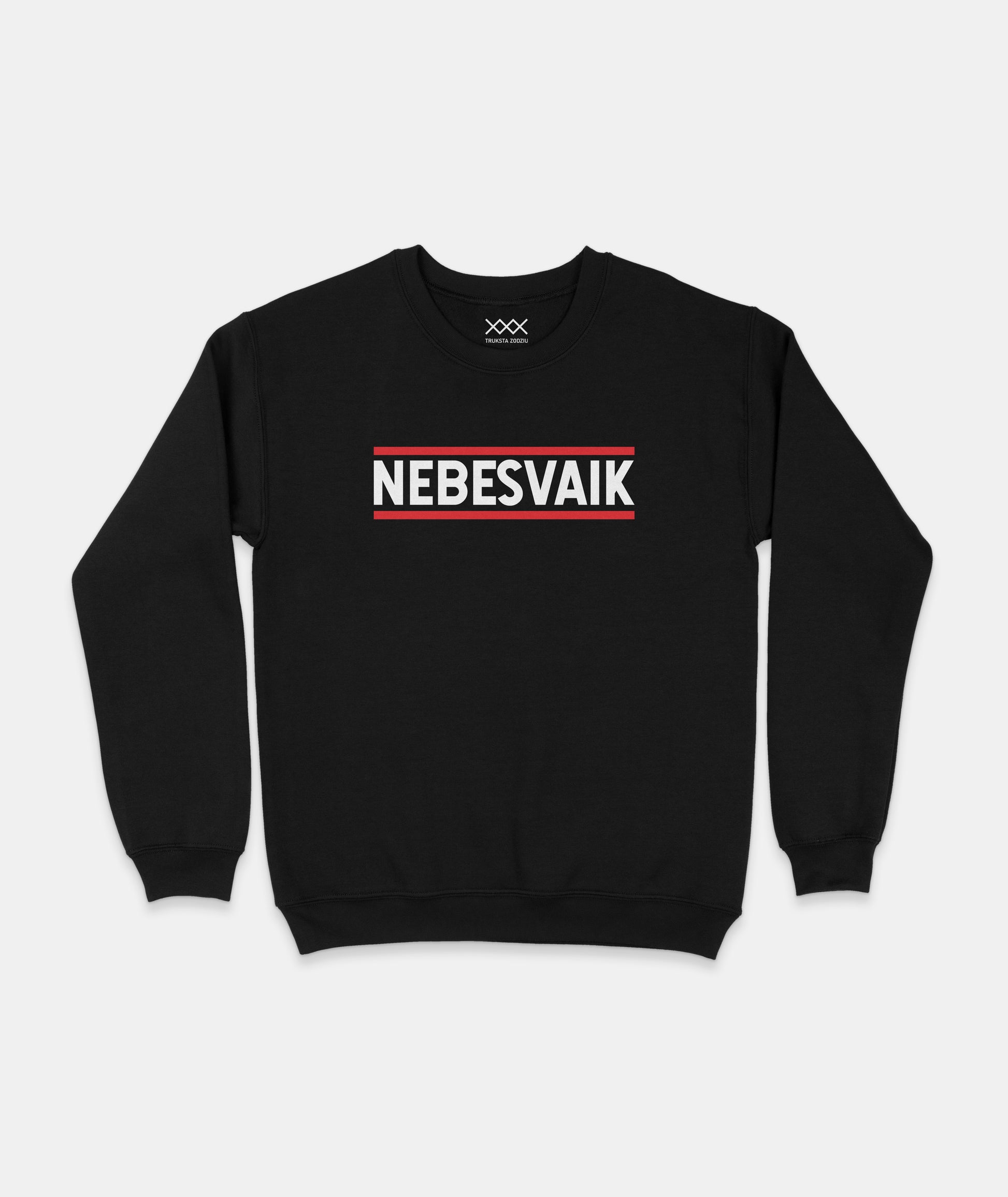 Juodas džemperis su kontrastingu užrašu - NEBESVAIK, tarp raudonų linijų - modernus ir išraiškingas urban stiliaus rūbas
