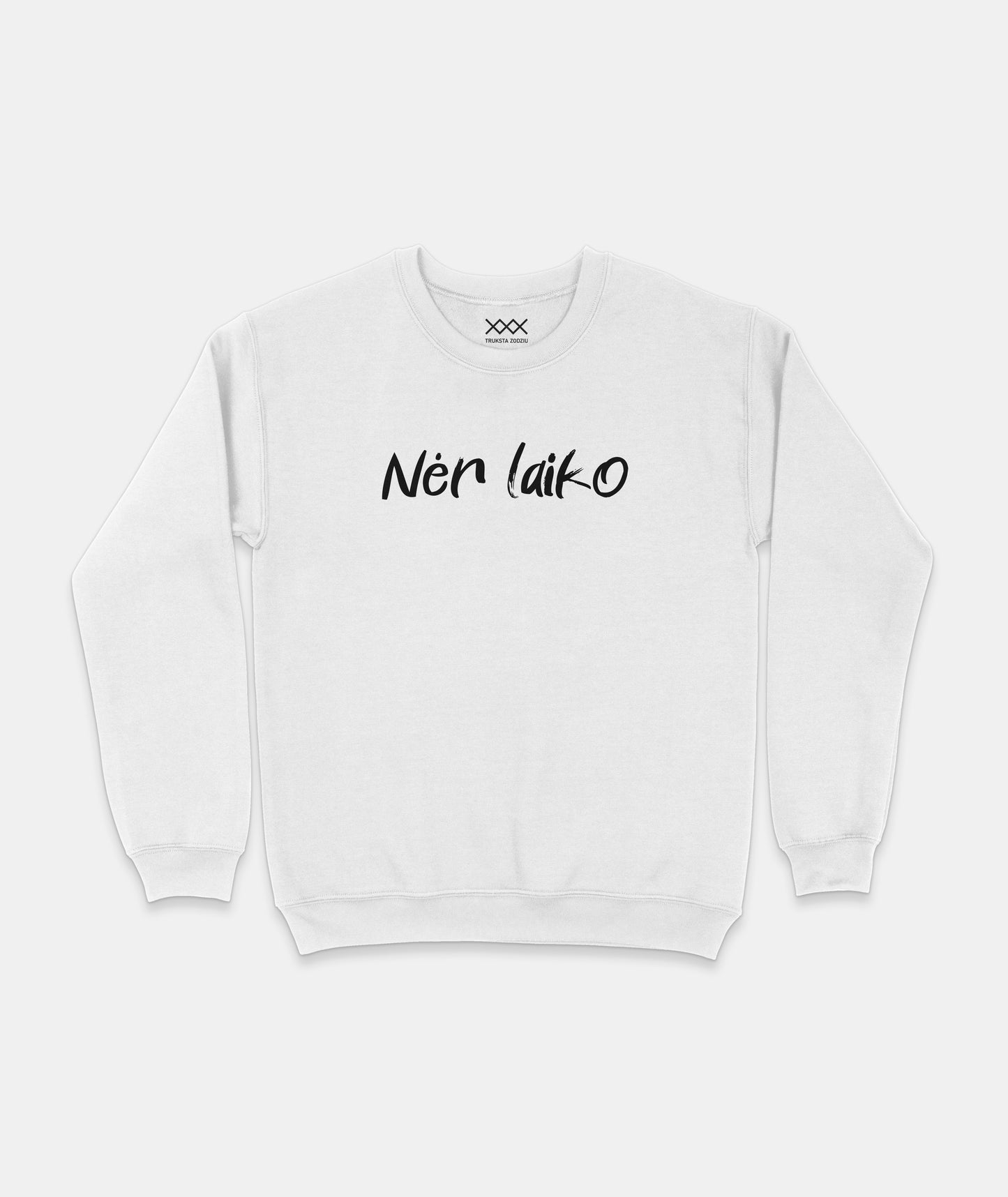 Baltas minimalistinis unisex džemperis su užrašu Nėr laiko, modernus dizainas kasdieniam streetwear įvaizdžiui