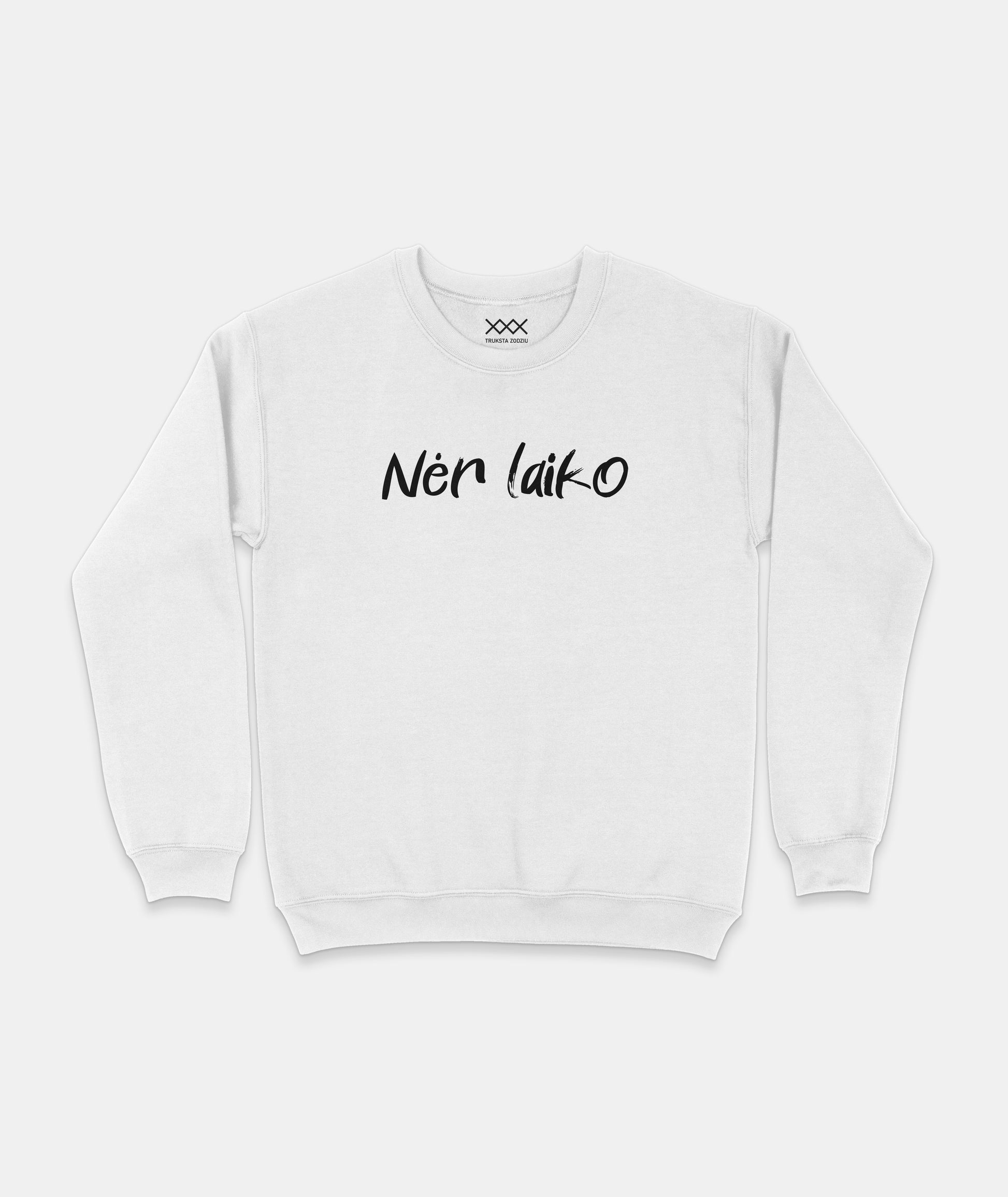 Baltas minimalistinis unisex džemperis su užrašu Nėr laiko, modernus dizainas kasdieniam streetwear įvaizdžiui