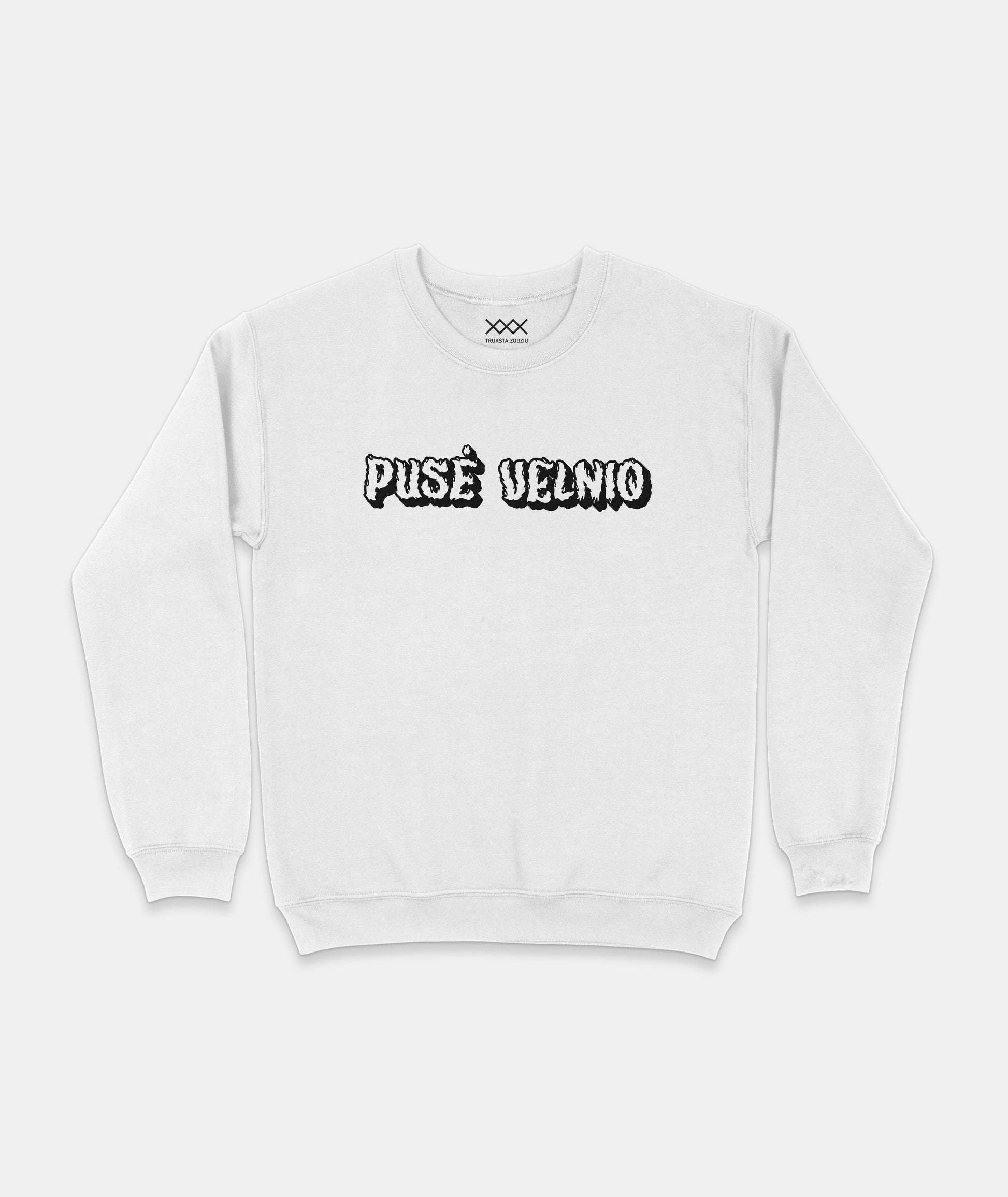 Baltas unisex džemperis su juodu užrašu „Pusė velnio“. Šriftas primena ugnies liežuvius, kuriant šmaikštų dizainą lietuviškai