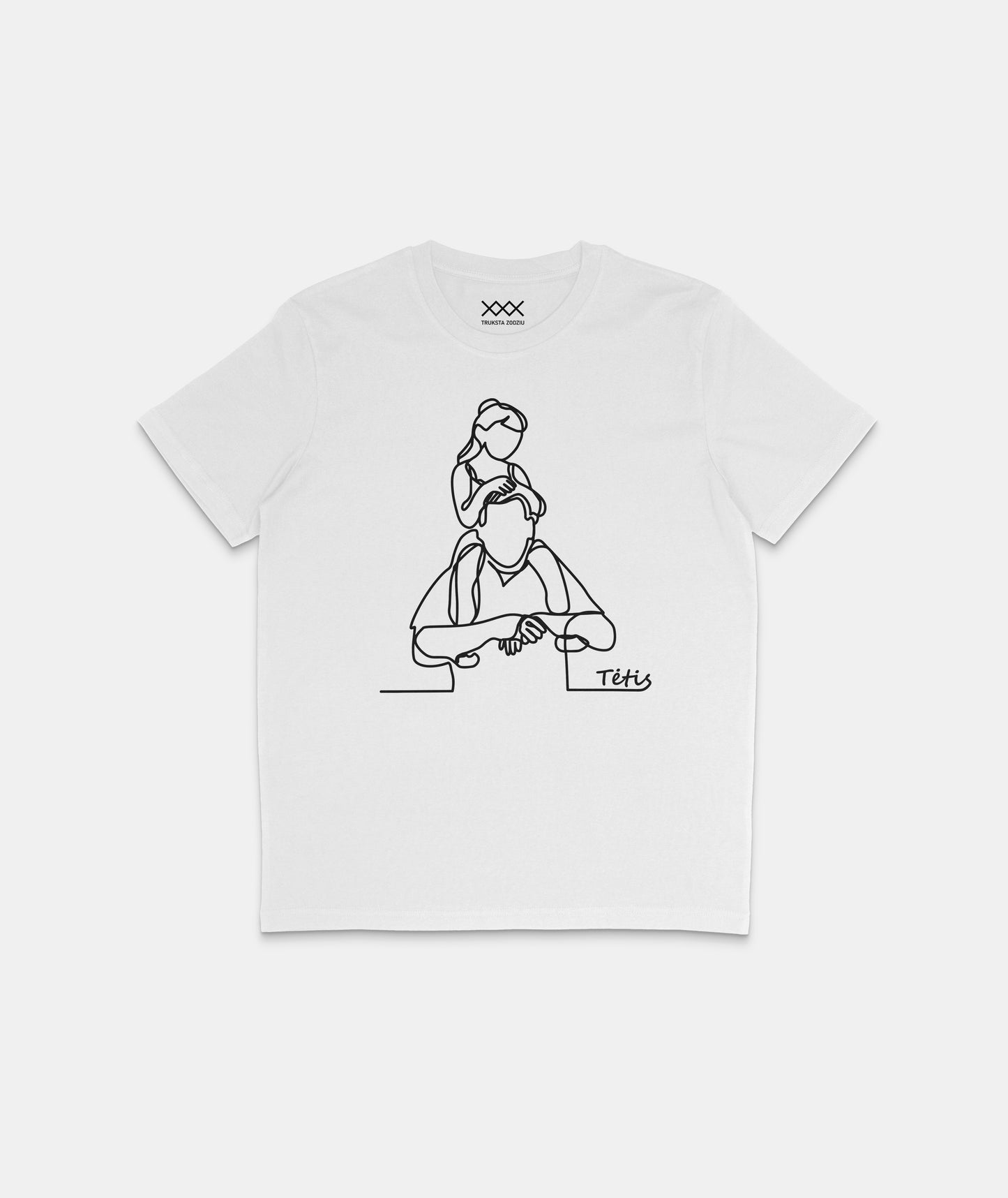 Balti marškinėliai su juodu linijiniu piešiniu, vaizduojančiu tėtį su dukra ant pečių. Subtili dovana tėčiui nuo dukros.