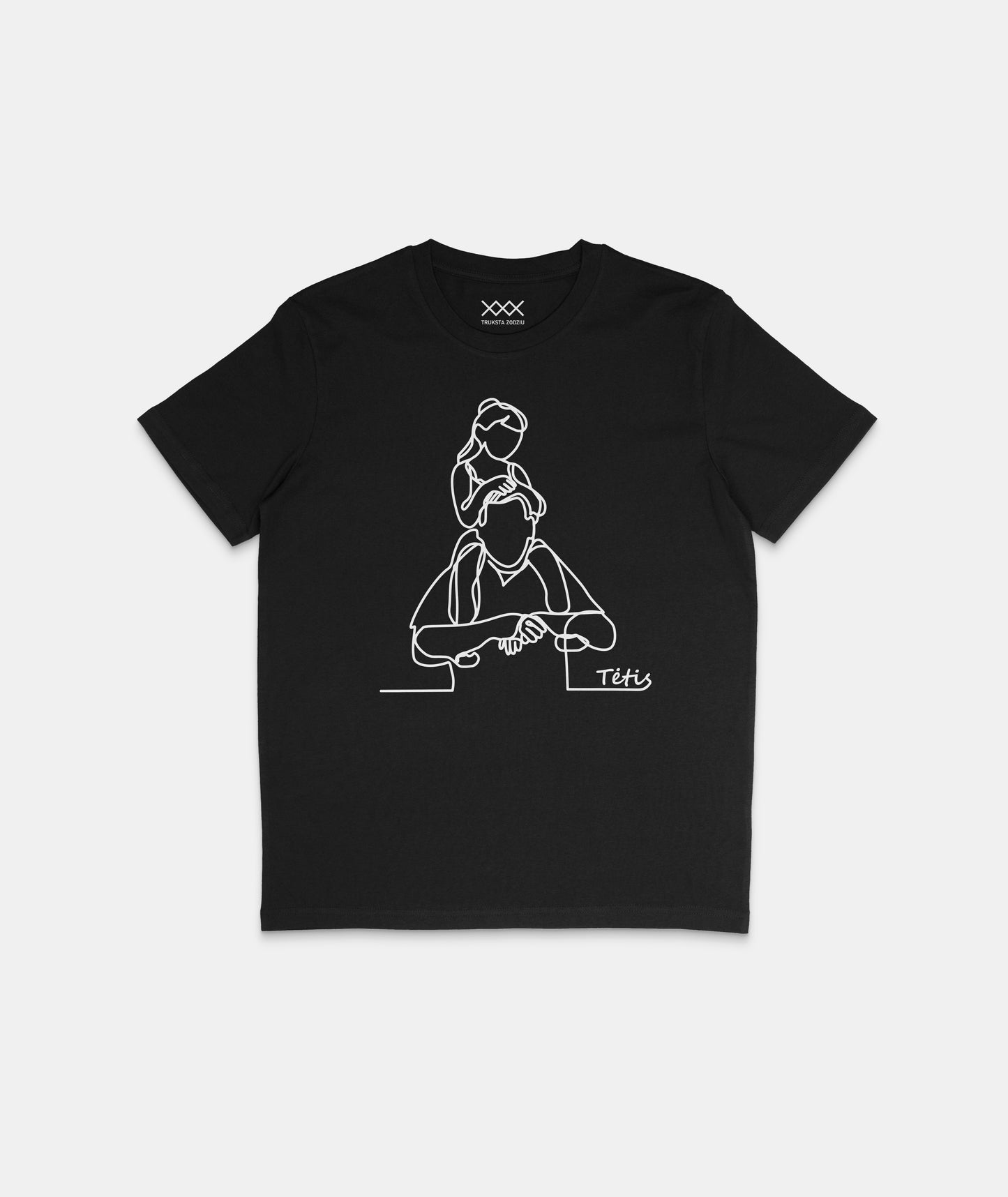 Juodi marškinėliai su baltu kontūriniu piešiniu – tėtis su dukra ant pečių. Širdį paliečiantis Tėvo dienos atributas.
