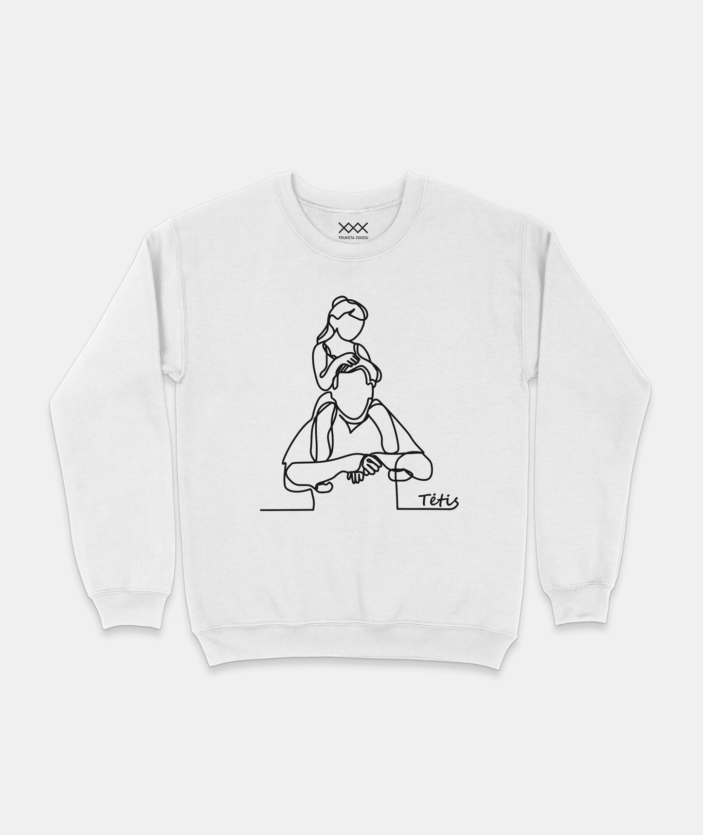 Baltas unisex džemperis su minimalistiniu kontūriniu piešiniu – tėvas su dukra ant pečių. Šiltas, jaukus džemperis tėčiui.