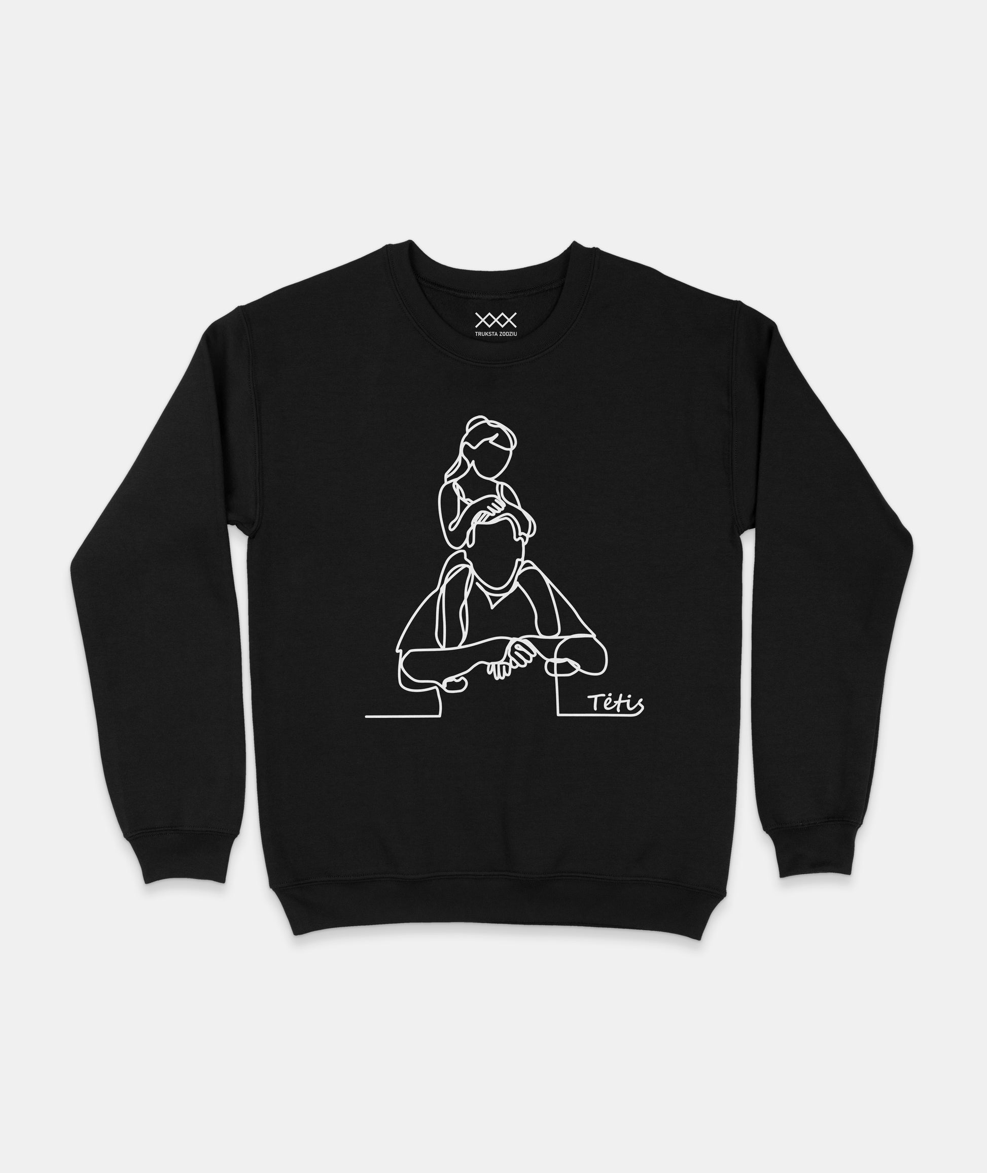 Juodas džemperis su subtiliu baltu linijiniu piešiniu – dukra ant tėčio pečių. Originali lietuviška dovana tėčiui nuo dukros.