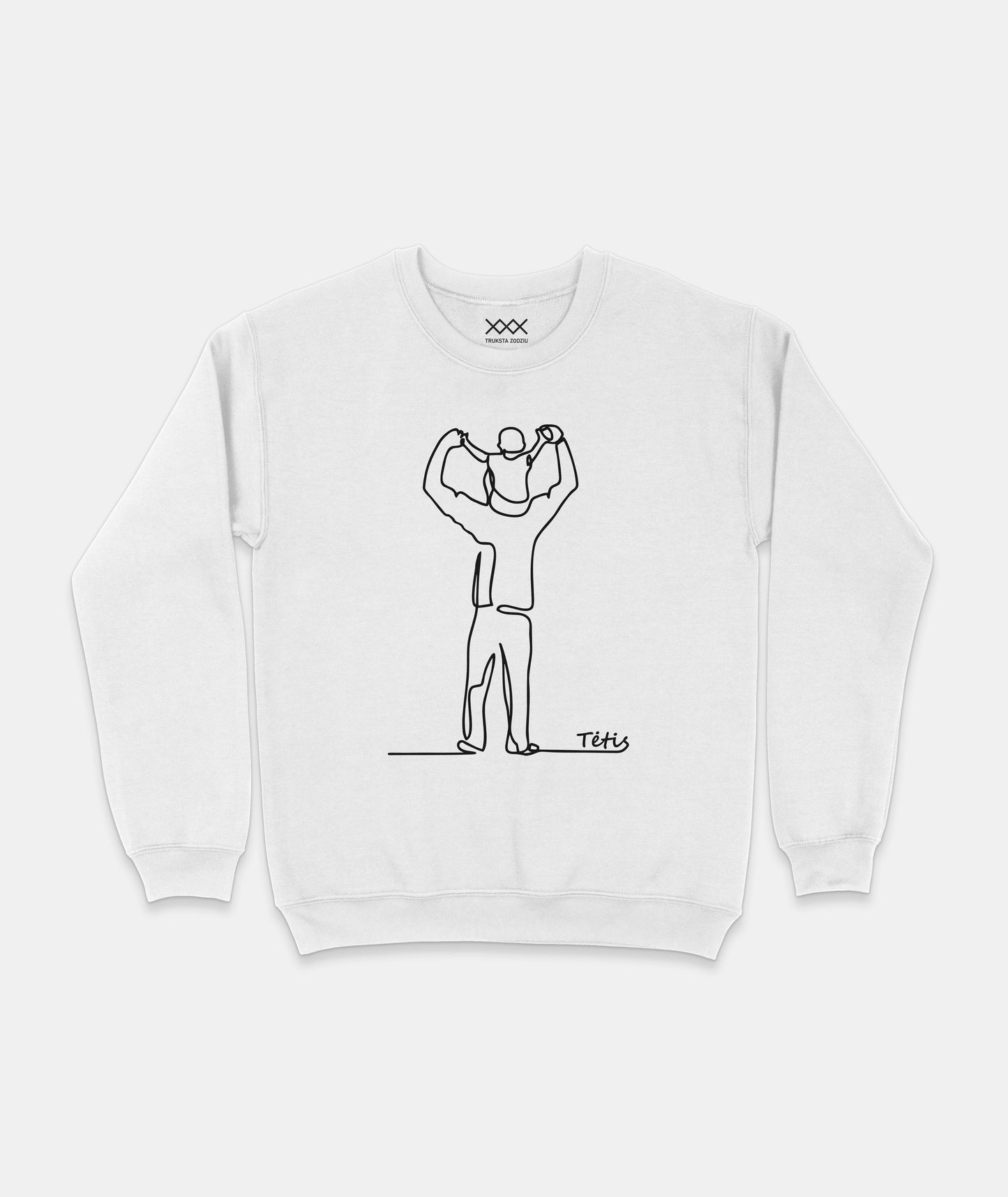 Baltas džemperis su juodu linijiniu piešiniu – sūnus ant tėčio pečių ir užrašu „Tėtis“. Tai būtinas Tėvo dienos atributas.