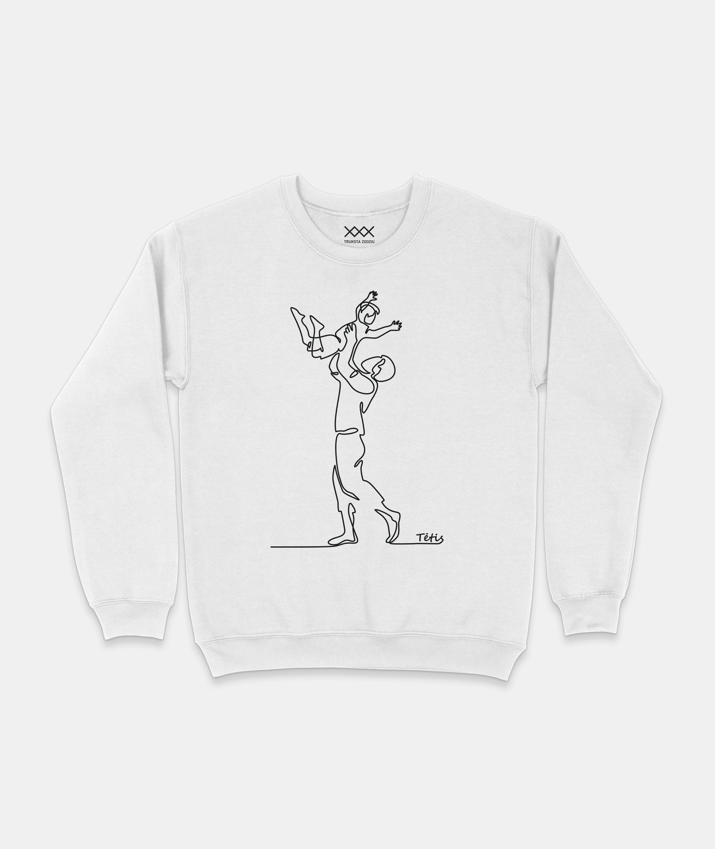 Baltas tėčio dienos tematikos džemperis su minimalistine linijine iliustracija, kai tėtis ant rankų iškėlęs sūnų.