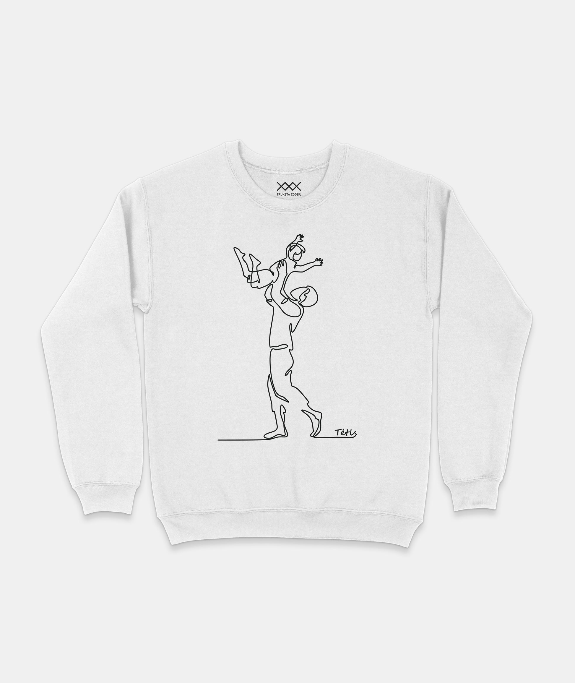 Baltas tėčio dienos tematikos džemperis su minimalistine linijine iliustracija, kai tėtis ant rankų iškėlęs sūnų.
