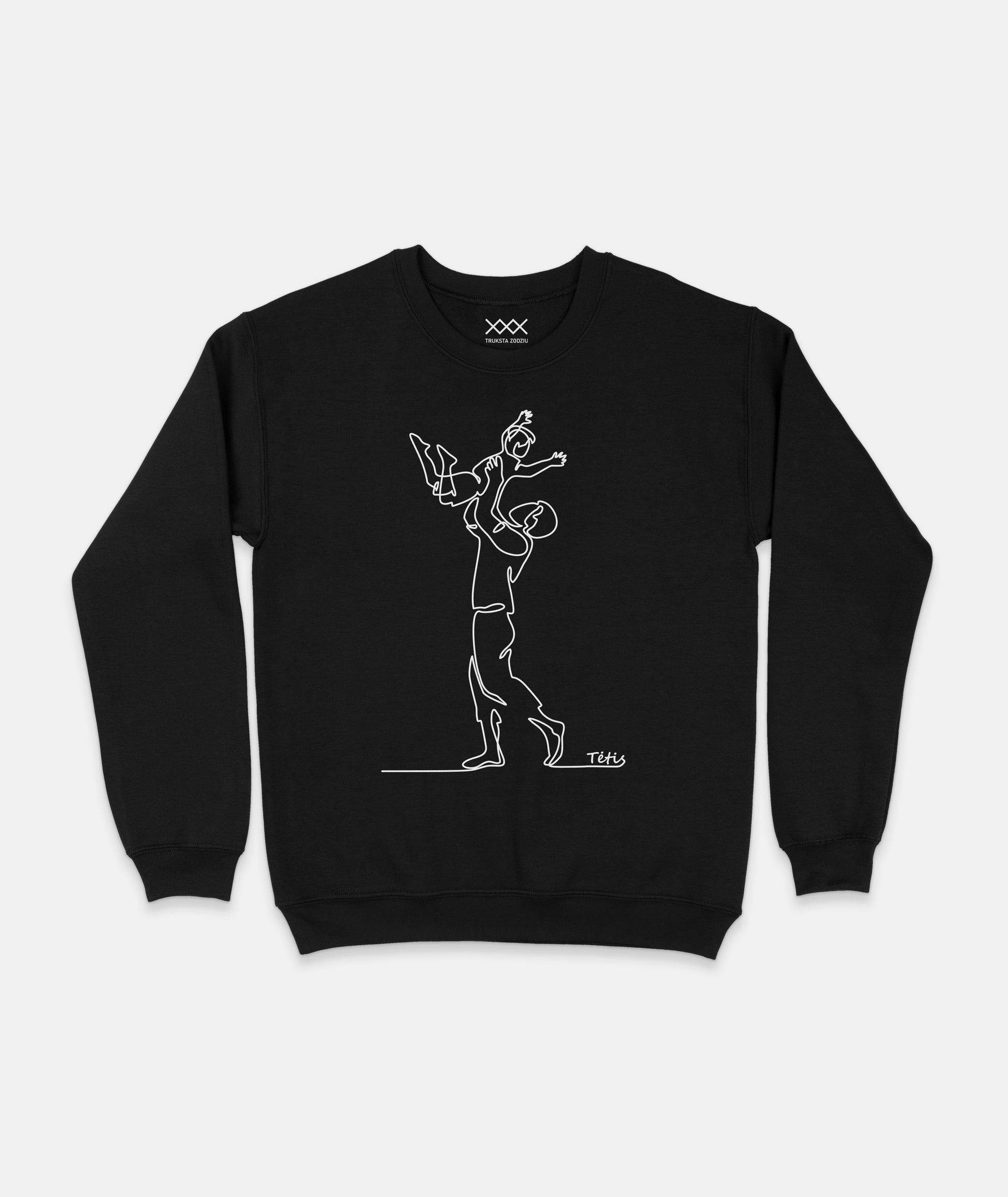 Juodas džemperis su baltos spalvos linijinio stiliaus tėčio ir sūnaus iliustacija - šilta ir prasminga dovana mylimam tėčiui.