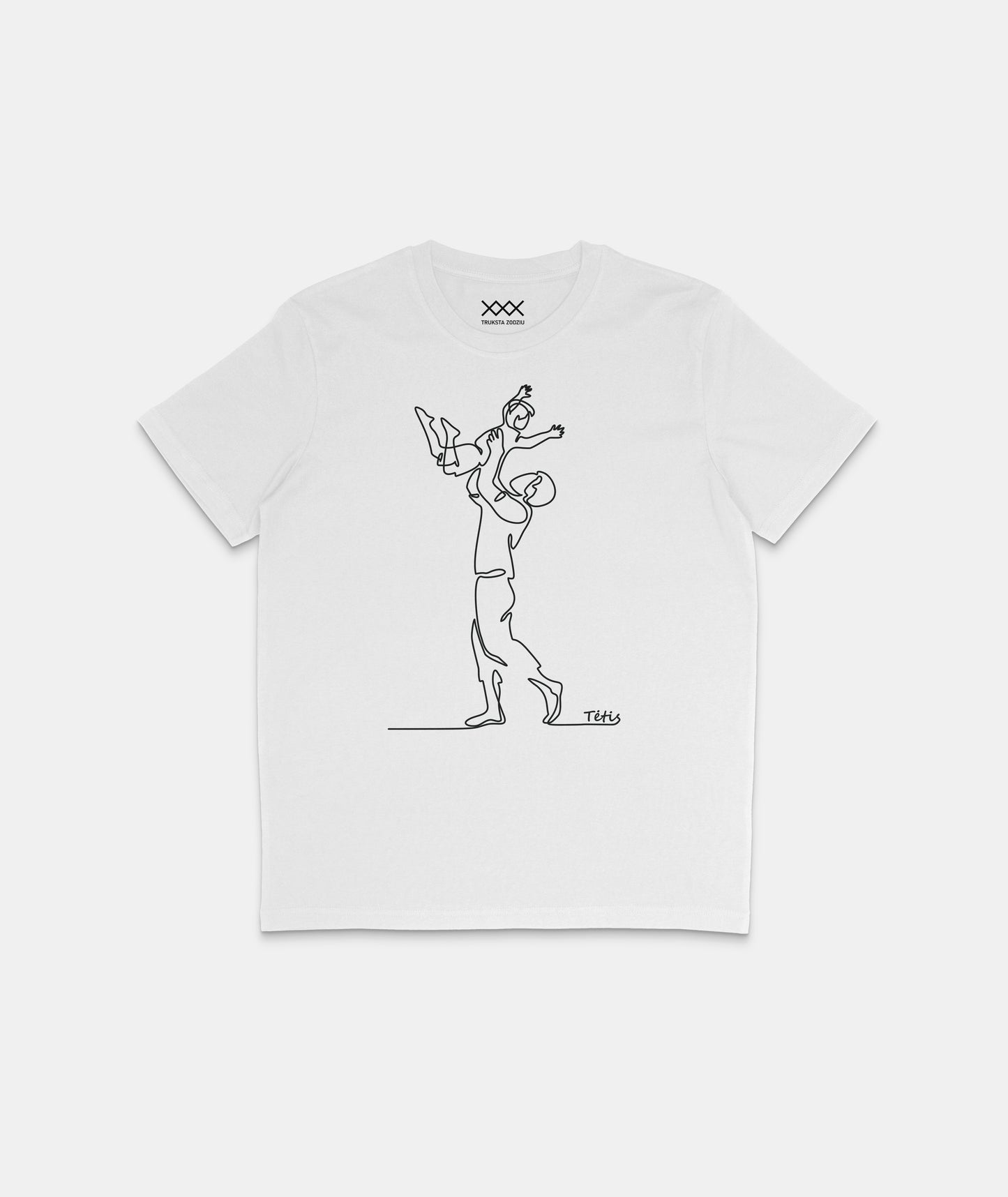 Balti marškinėliai su minimalistiniu linijiniu piešiniu – tėtis ant rankų iškėlęs laiko sūnų. Šilta dovana Tėčio dienai.