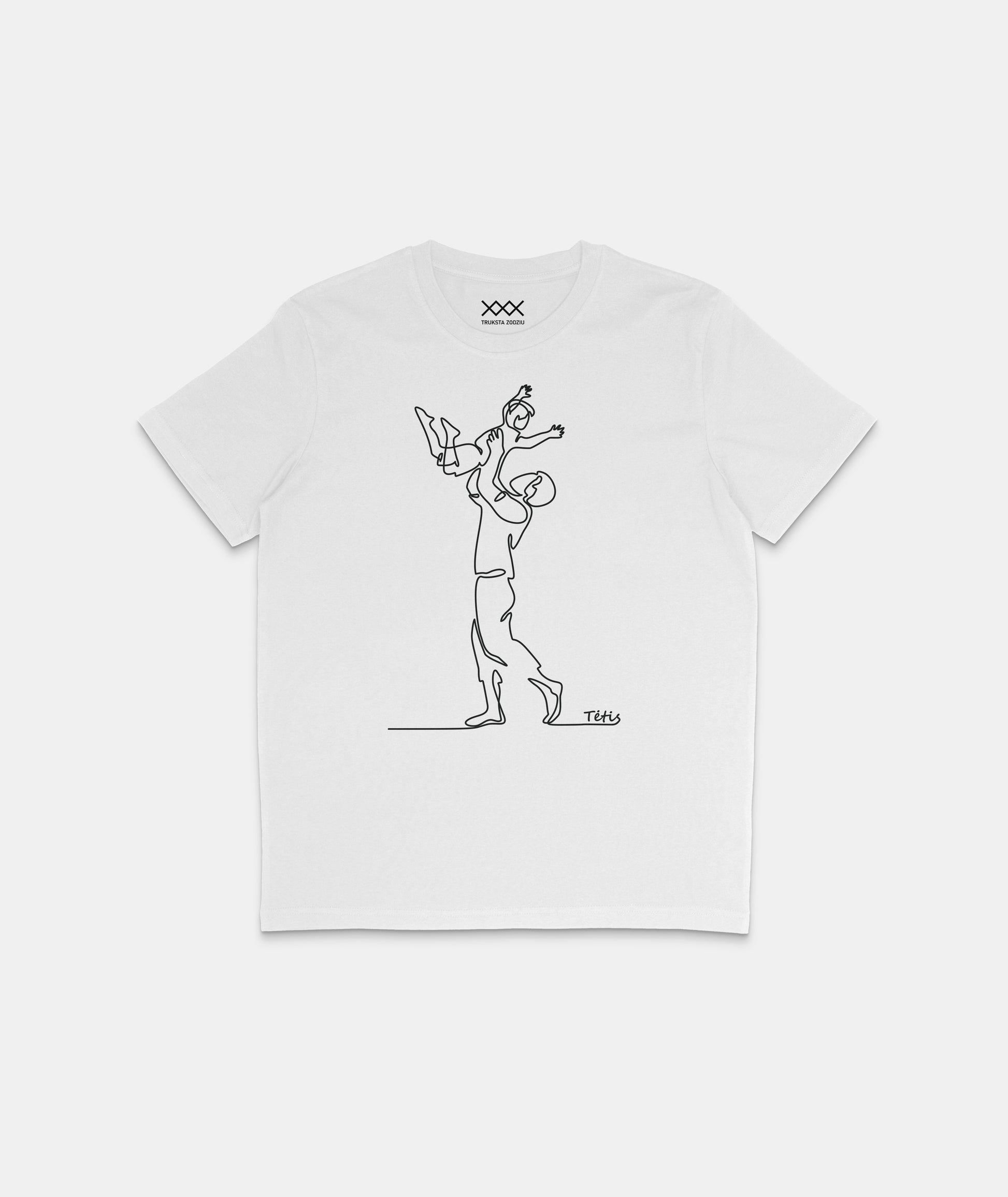 Balti marškinėliai su minimalistiniu linijiniu piešiniu – tėtis ant rankų iškėlęs laiko sūnų. Šilta dovana Tėčio dienai.